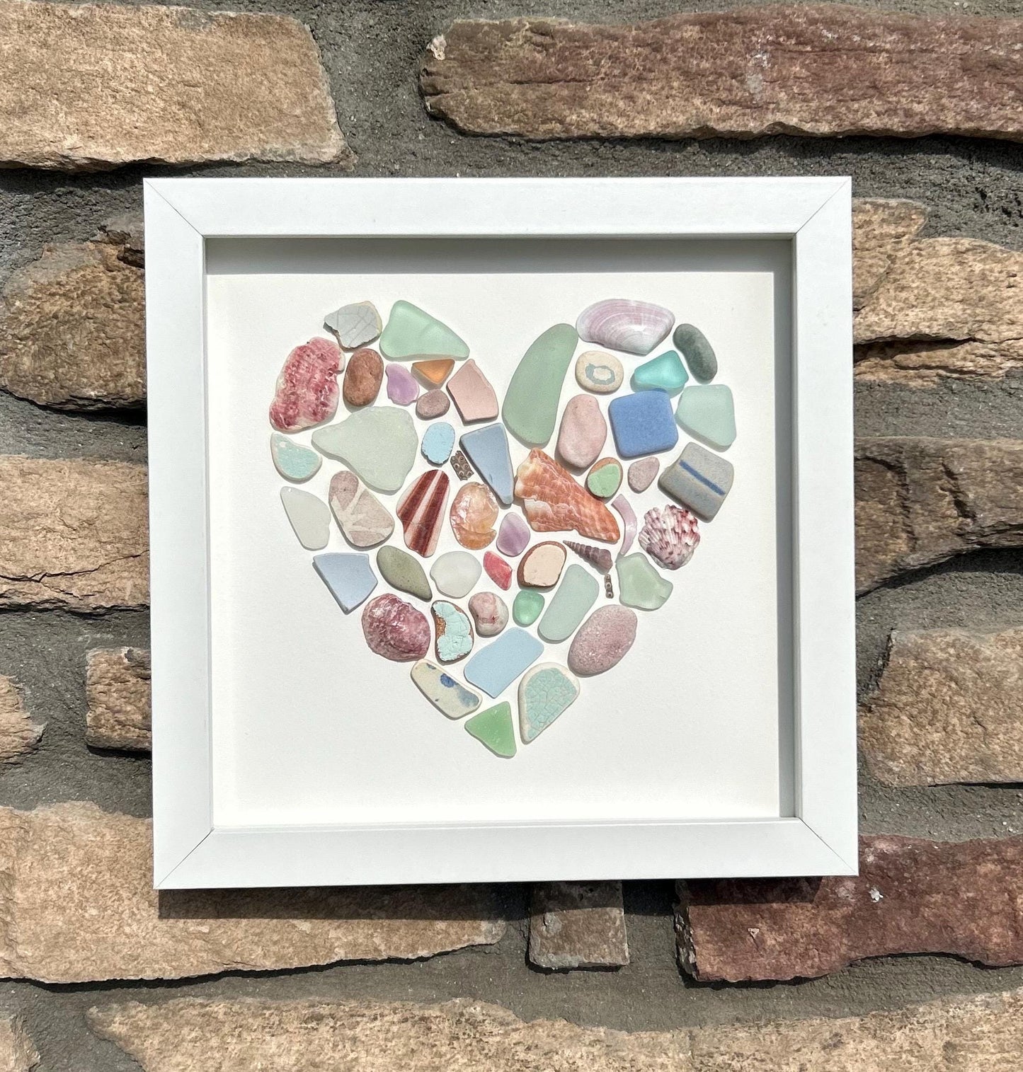 Colorful Heart Beach Collage | 9x9 Framed Sea Glass, Shell & Pottery Art | Handmade Coastal Wall Decor | Scottish Sea Glass and Shells