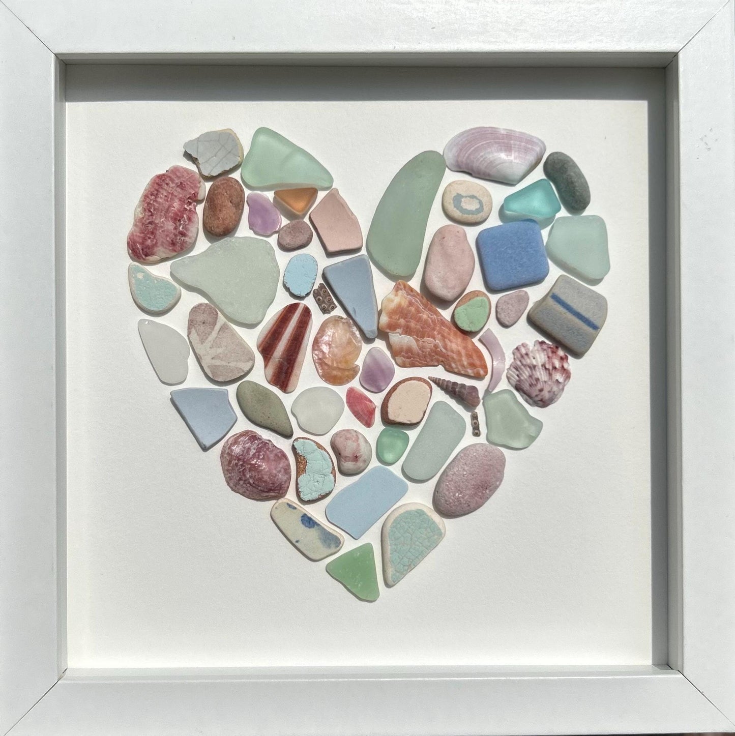 Colorful Heart Beach Collage | 9x9 Framed Sea Glass, Shell & Pottery Art | Handmade Coastal Wall Decor | Scottish Sea Glass and Shells