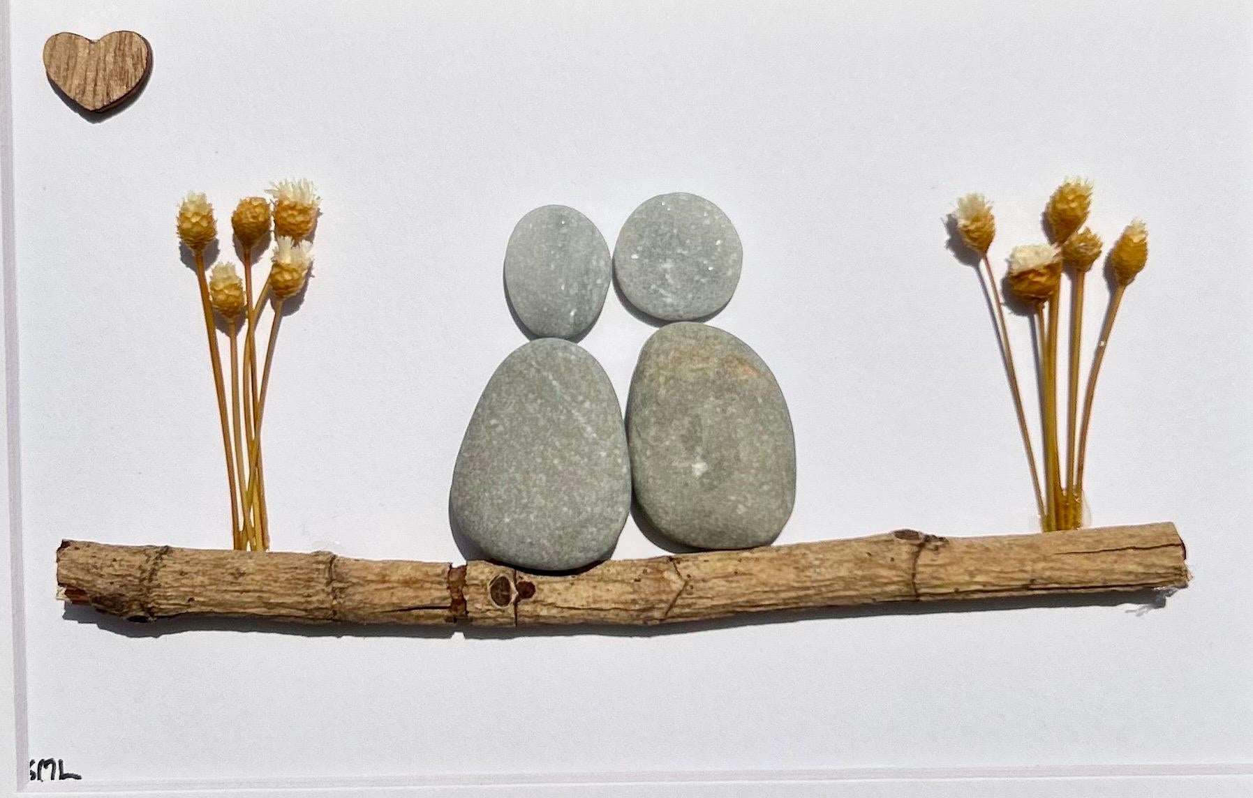 Couple on a Log | Friends on a Log | Family Art | Handmade Wall Decor | 5x7 Framed Pebble & Driftwood Art