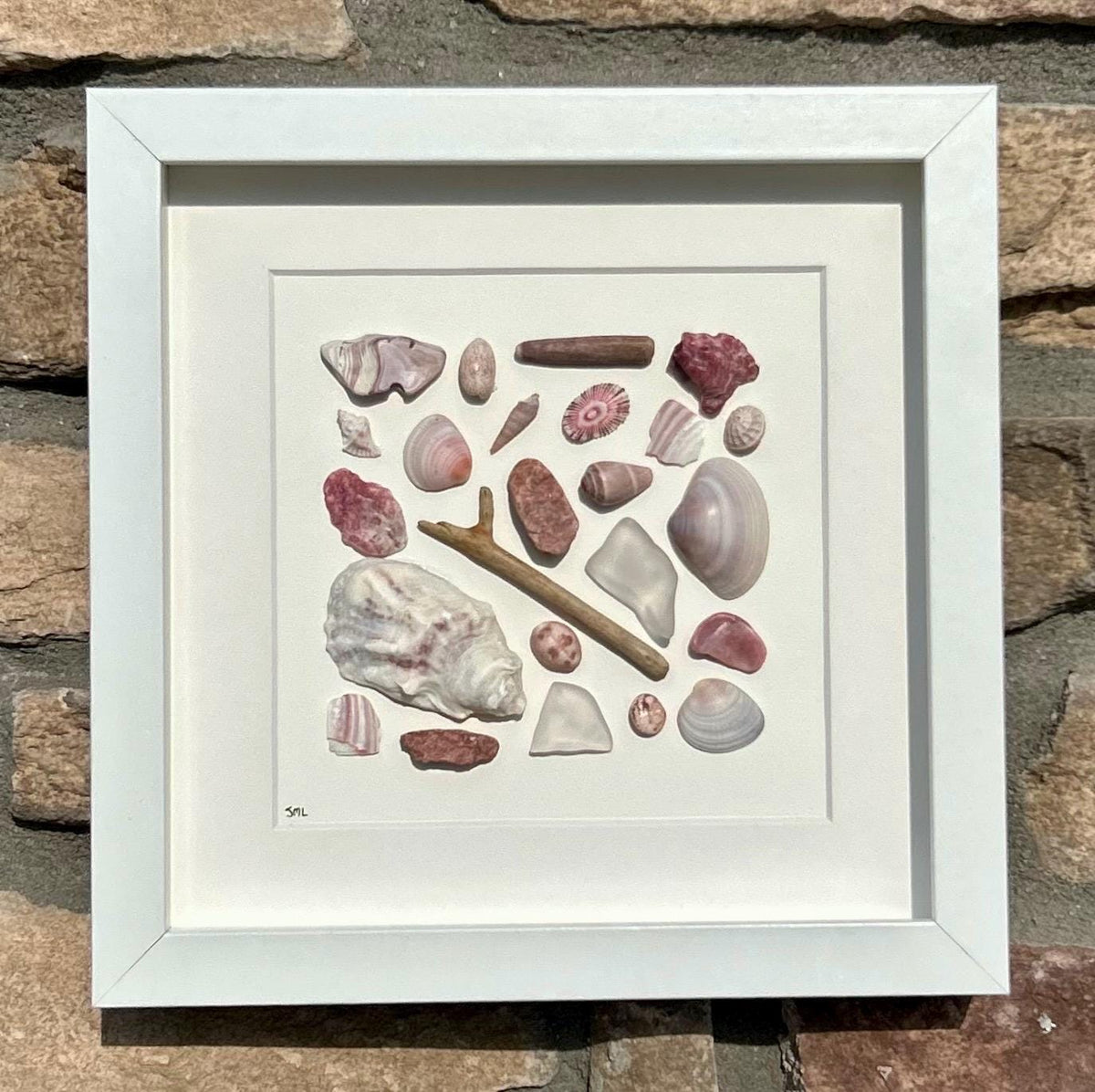 Delicate Beach Art in Pinks and Reds | Pink and Red Sea Treasures | 9x9 Sea Glass, Shell &amp; Pebble Collage | Handmade Coastal Decor