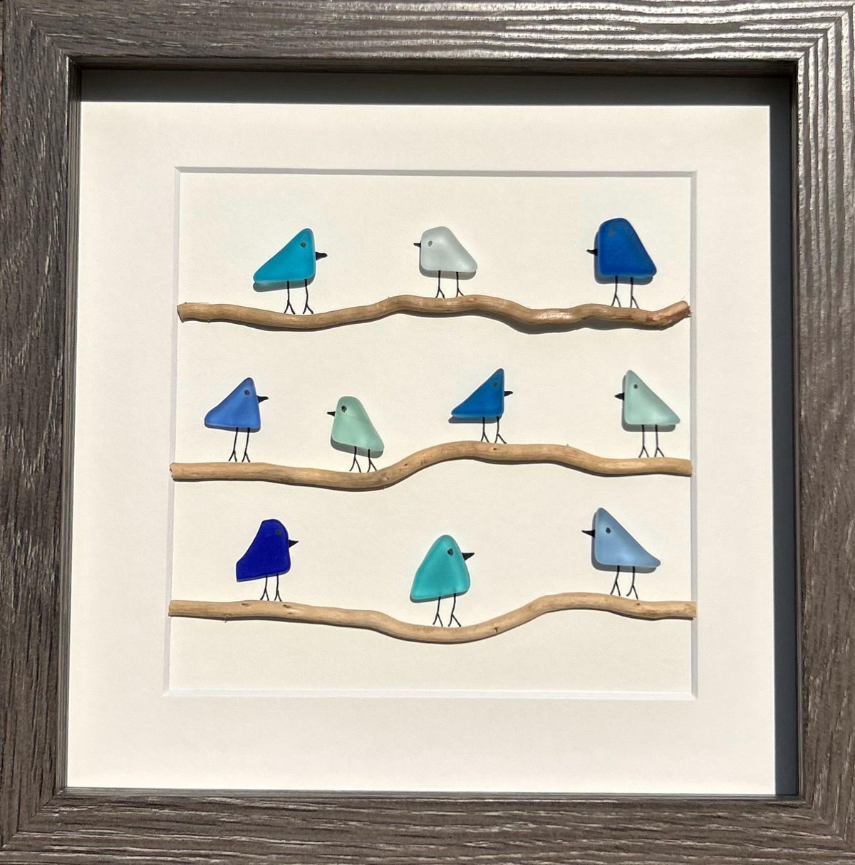 Sea Glass Birds in Shades of Blue on Driftwood | 8x8 Framed Blue Coastal Art | Minimalist Beach Décor