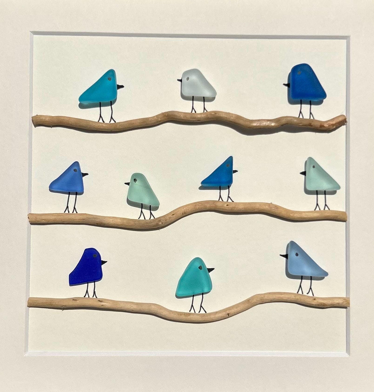 Sea Glass Birds in Shades of Blue on Driftwood | 8x8 Framed Blue Coastal Art | Minimalist Beach Décor