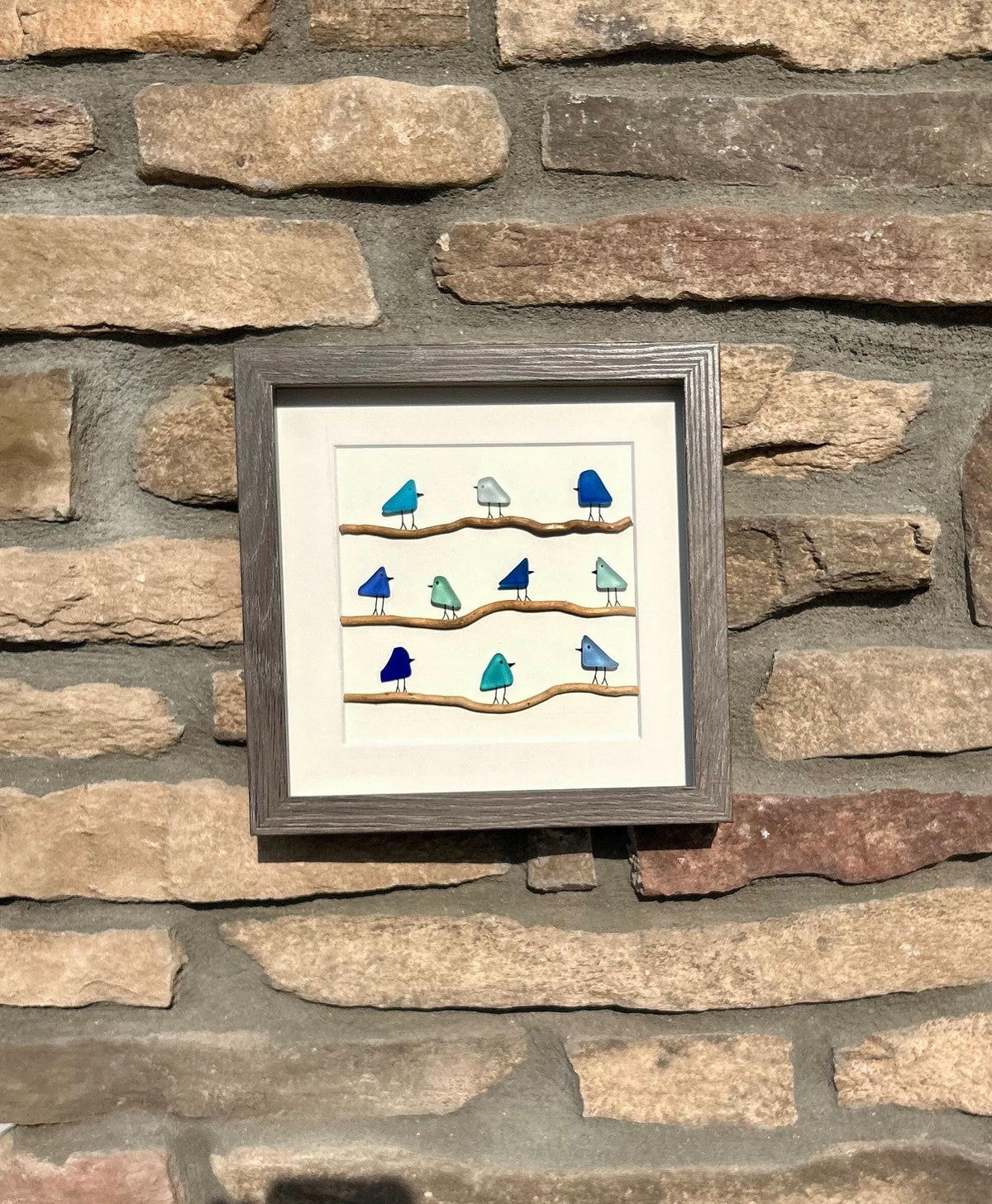 Sea Glass Birds in Shades of Blue on Driftwood | 8x8 Framed Blue Coastal Art | Minimalist Beach Décor