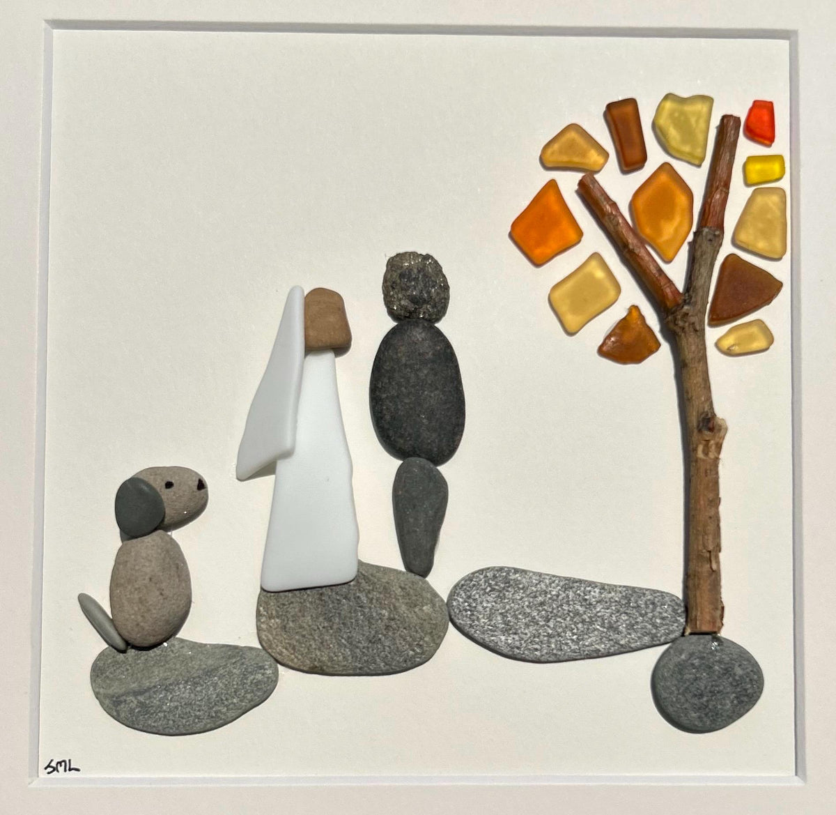Autumn Wedding Gift with or without Dog | Fall Wedding Gift | 8x8 Handmade Pebble &amp; Sea Glass Art | Personalized Gift for Newlyweds