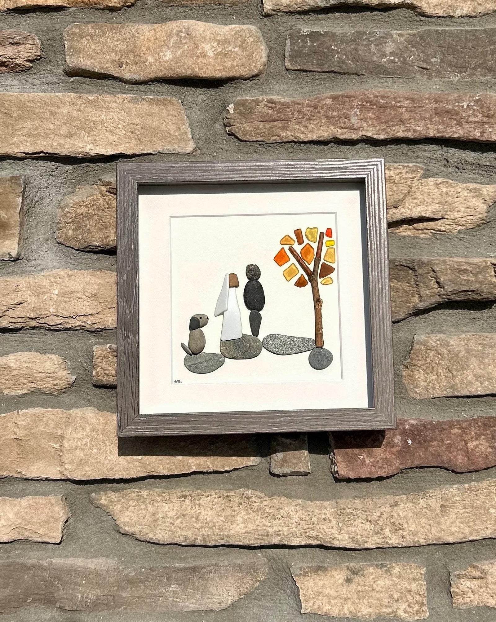 Autumn Wedding Gift with or without Dog | Fall Wedding Gift | 8x8 Handmade Pebble & Sea Glass Art | Personalized Gift for Newlyweds