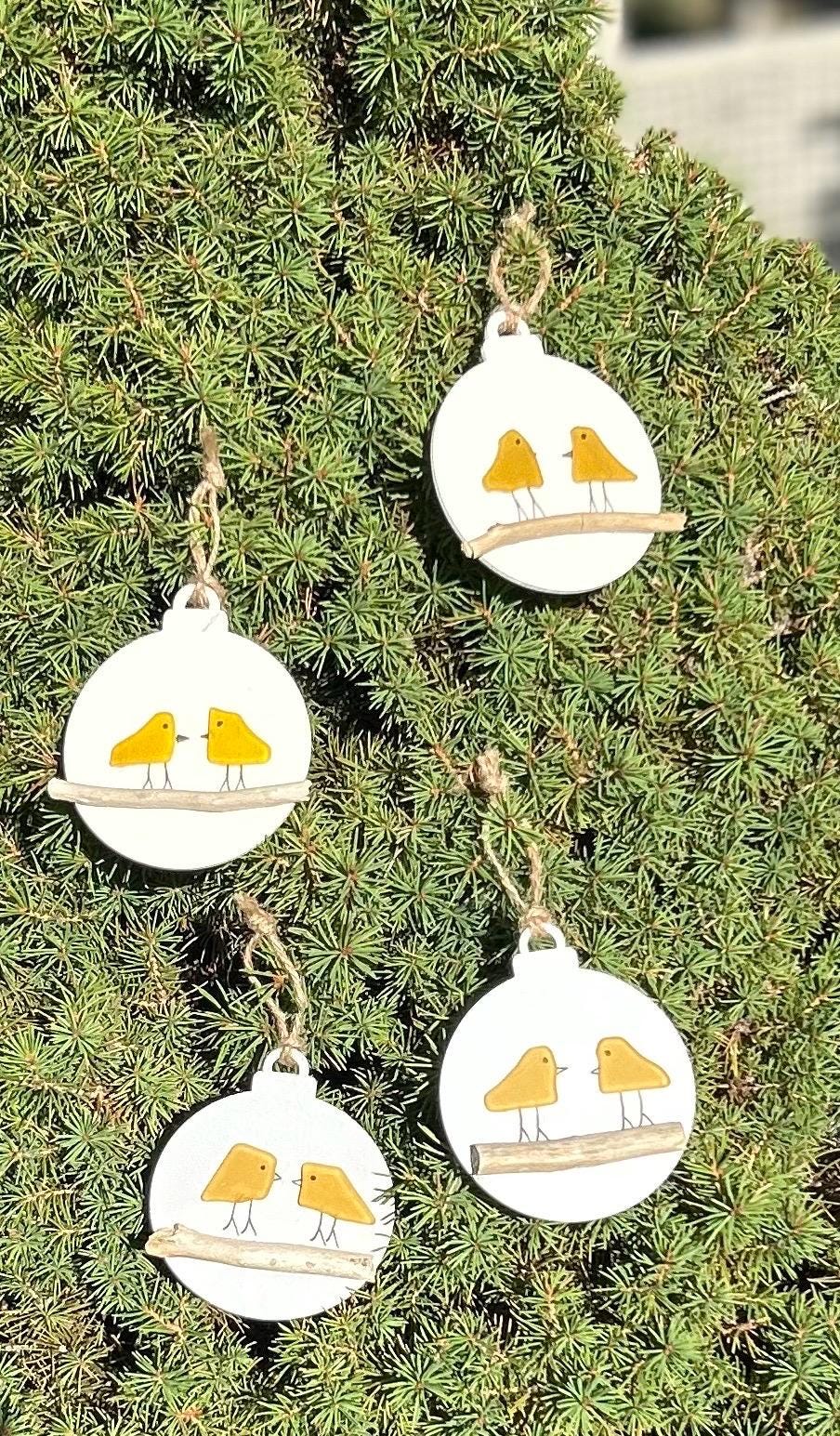 Yellow Sea Glass Bird Couple Christmas Ornament, Holiday Ornament, Perfect Holiday Gift, Drift Wood
