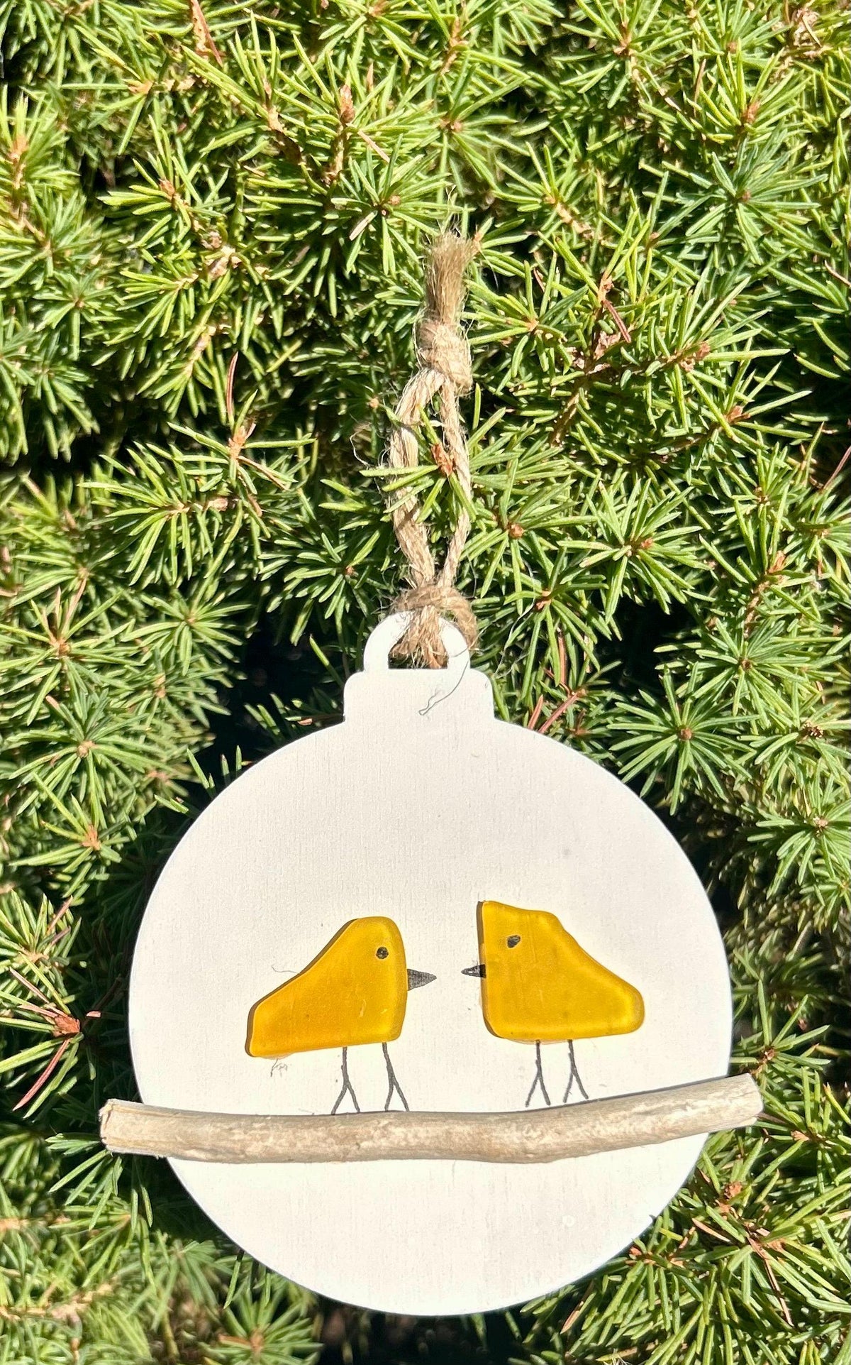 Yellow Sea Glass Bird Couple Christmas Ornament, Holiday Ornament, Perfect Holiday Gift, Drift Wood