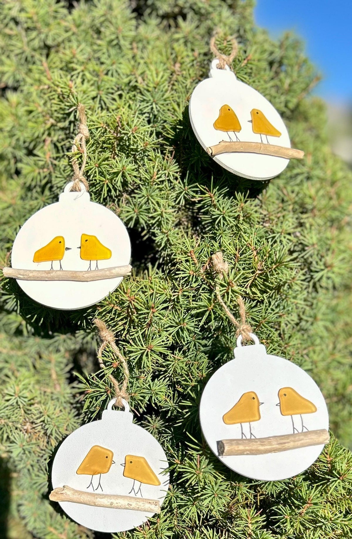 Yellow Sea Glass Bird Couple Christmas Ornament, Holiday Ornament, Perfect Holiday Gift, Drift Wood