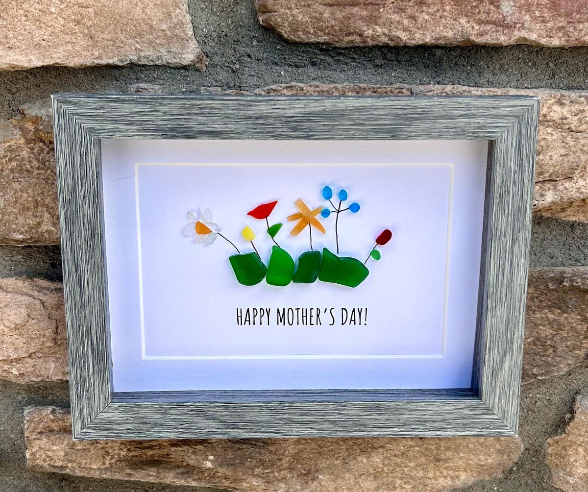 Happy Mother’s Day Sea Glass Flowers | 5x7 Framed Art | Handmade Gift for Mom | Unique &amp; Personalized Mother’s Day Keepsake