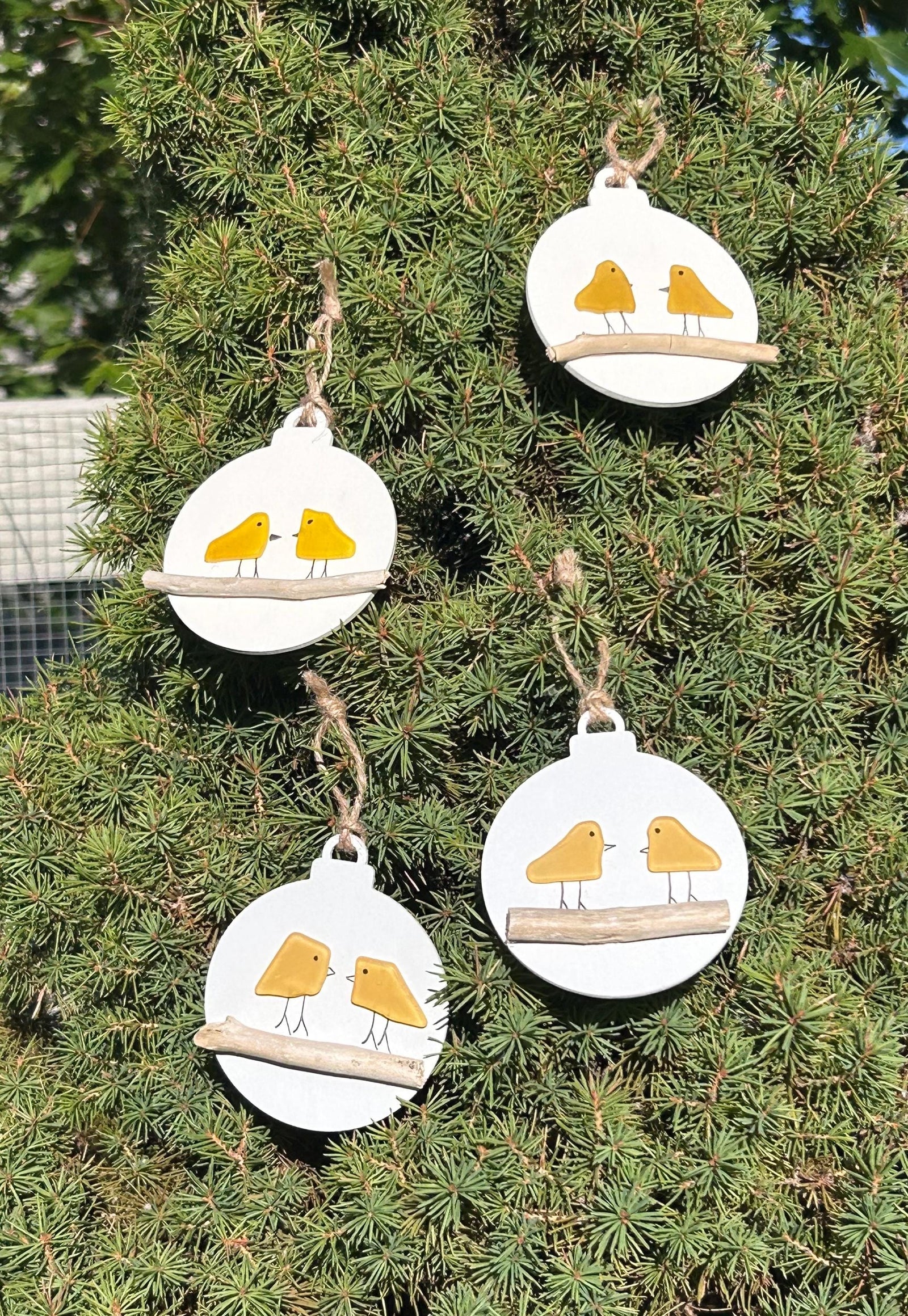 Yellow Sea Glass Bird Couple Christmas Ornament, Holiday Ornament, Perfect Holiday Gift, Drift Wood