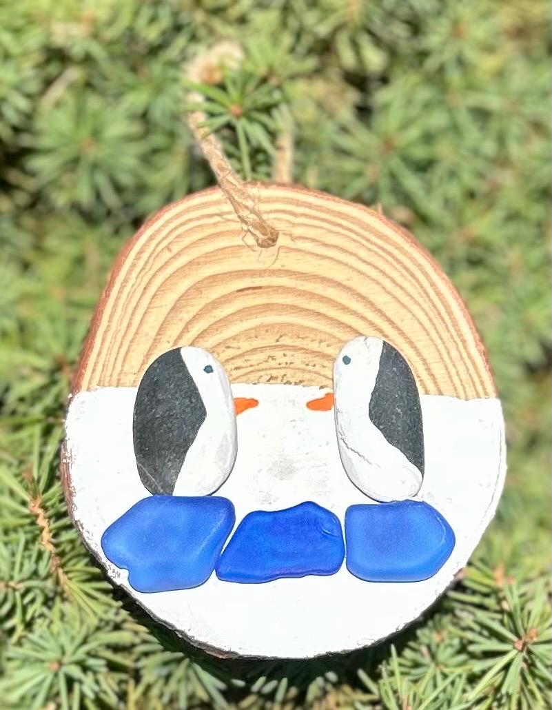 Penguins on Ice Ornament, Handmade. Beach Pebbles and Scottish Sea Glass on a Dried Wood Round, Perfect Holiday Gift, Stocking Stuffer