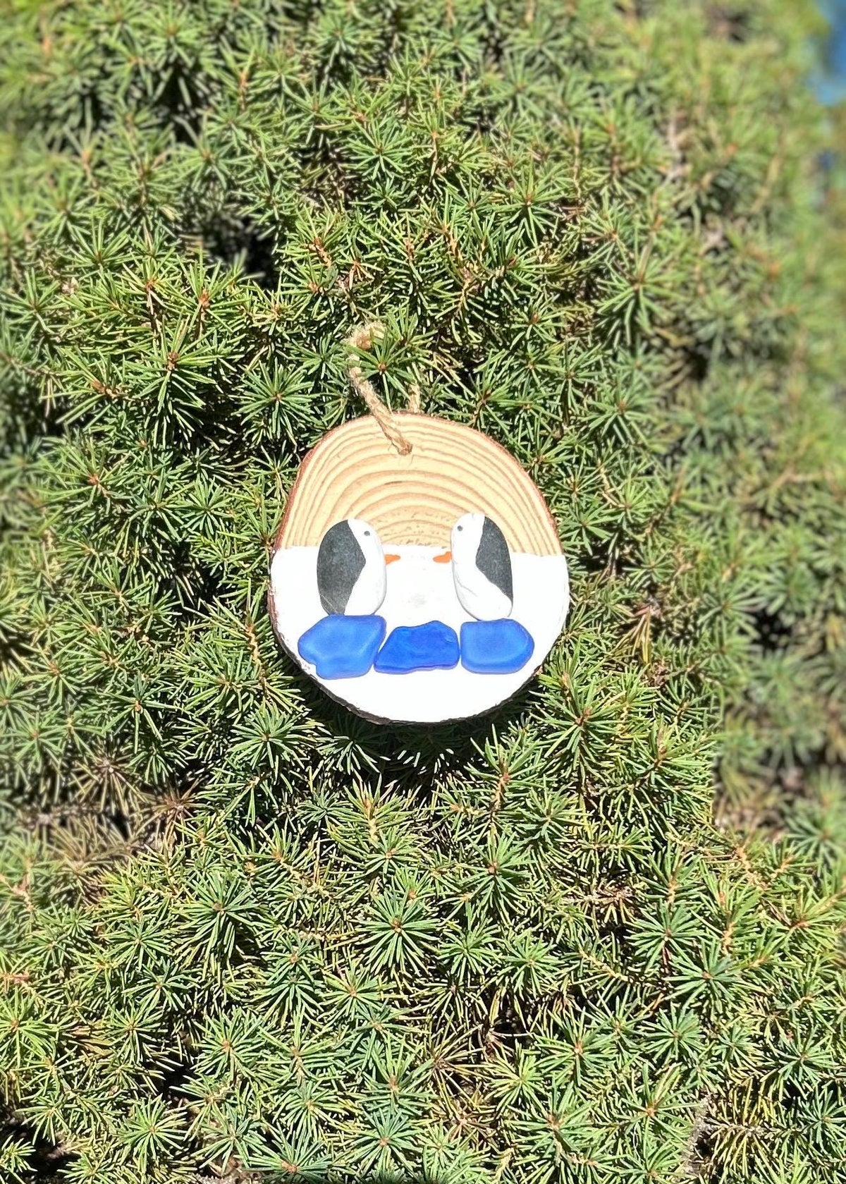 Penguins on Ice Ornament, Handmade. Beach Pebbles and Scottish Sea Glass on a Dried Wood Round, Perfect Holiday Gift, Stocking Stuffer