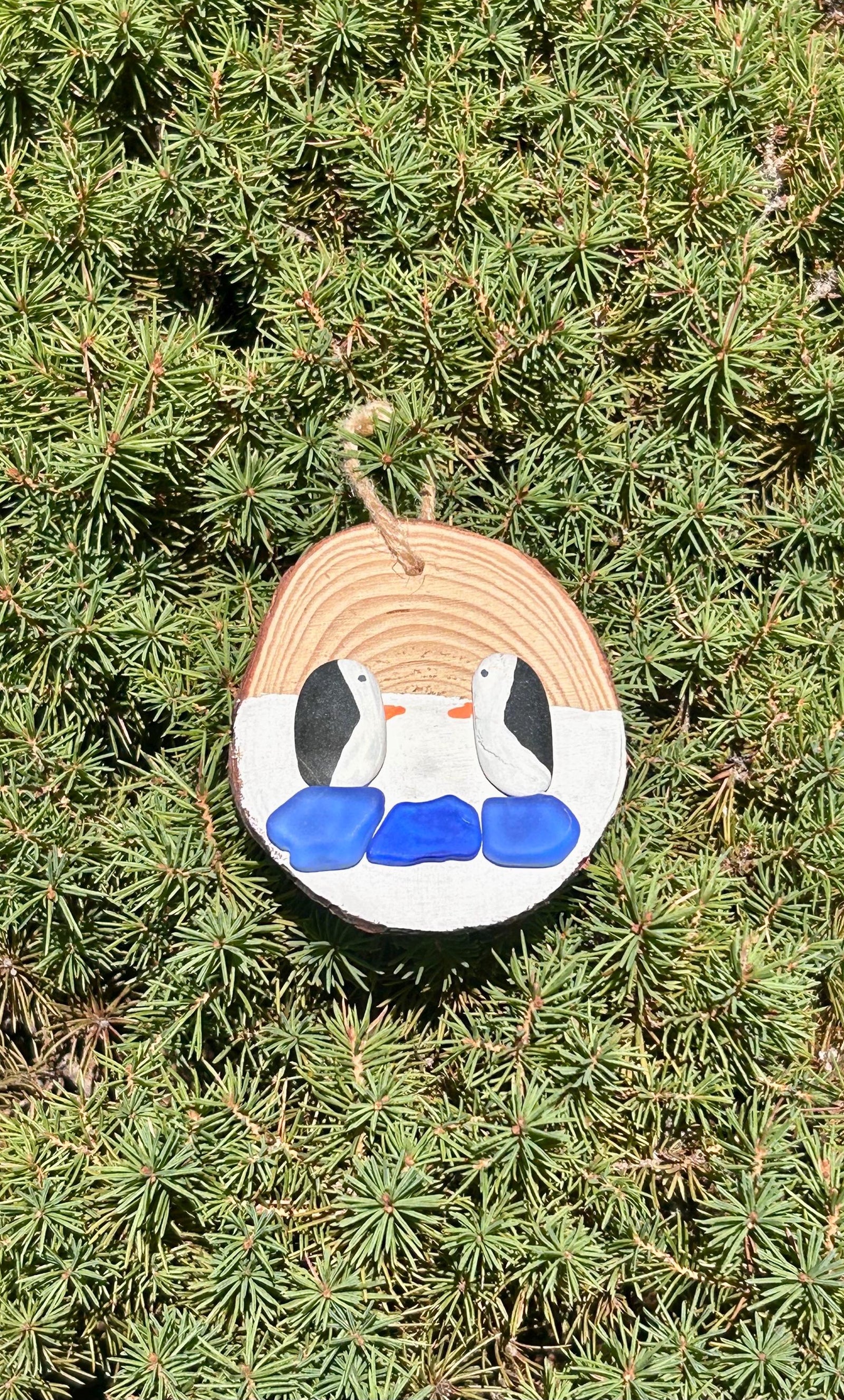 Penguins on Ice Ornament, Handmade. Beach Pebbles and Scottish Sea Glass on a Dried Wood Round, Perfect Holiday Gift, Stocking Stuffer