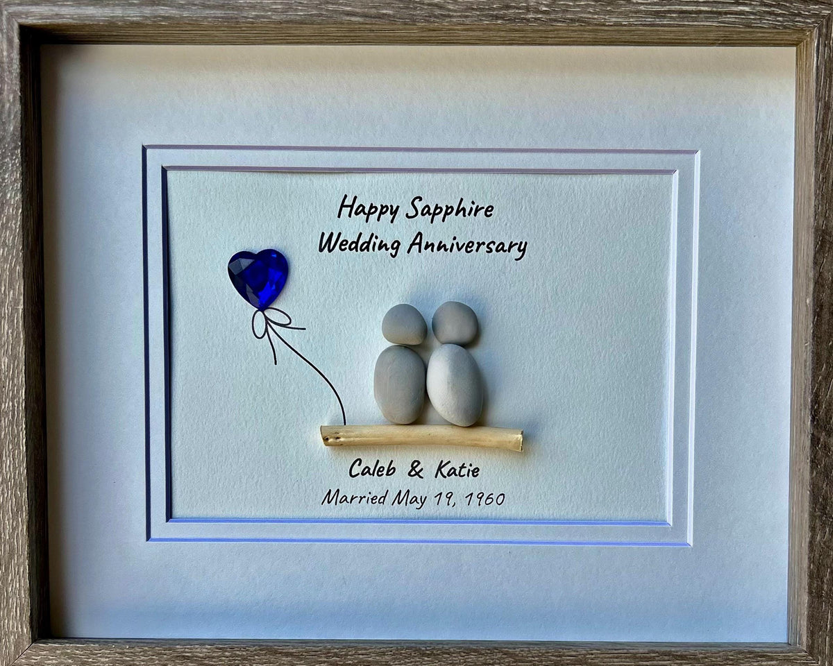 65th Sapphire Wedding Anniversary Personalized Pebble Art, 8x10 Framed 65th Anniversary Gift for Parents, Friends, Spouse