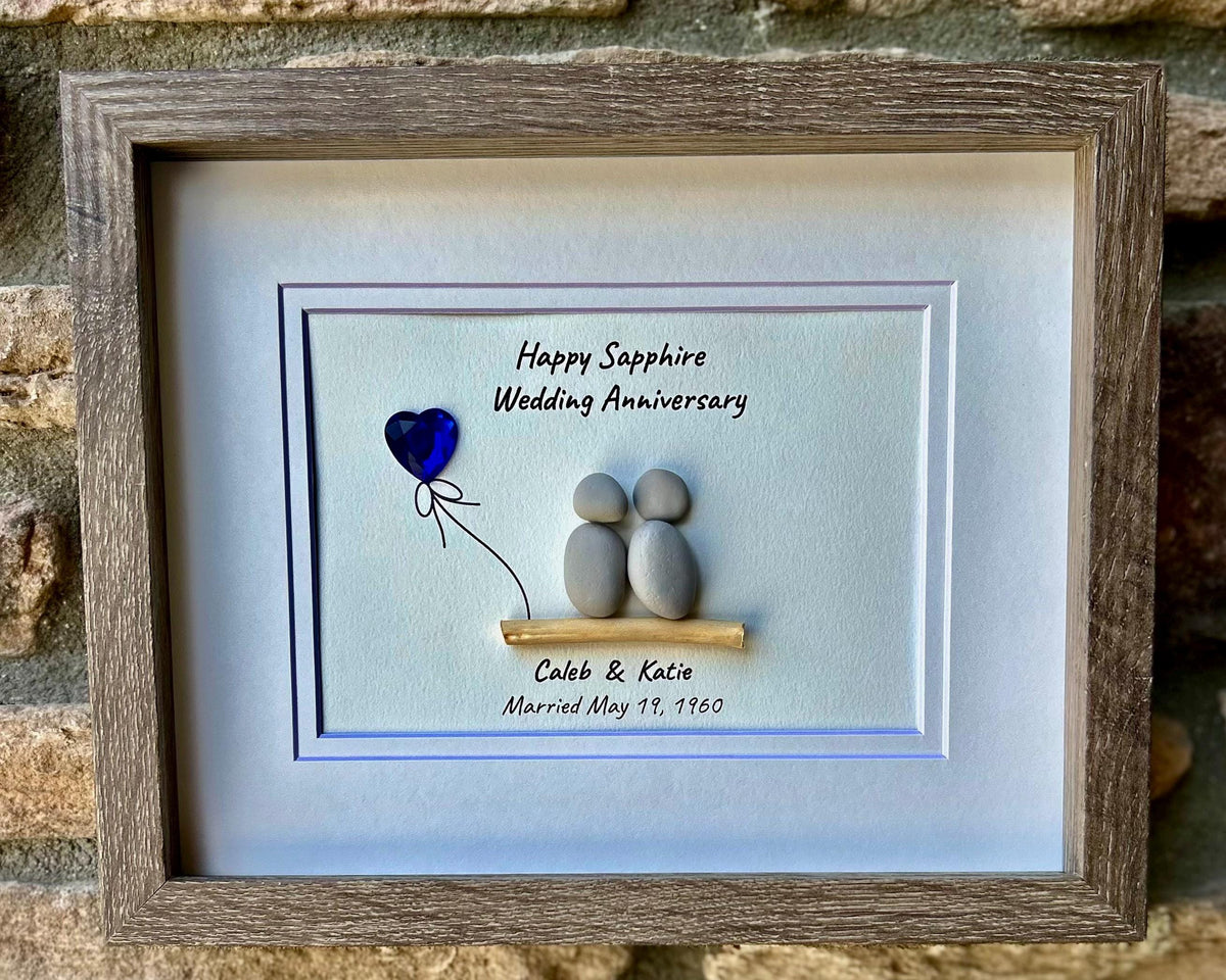 65th Sapphire Wedding Anniversary Personalized Pebble Art, 8x10 Framed 65th Anniversary Gift for Parents, Friends, Spouse