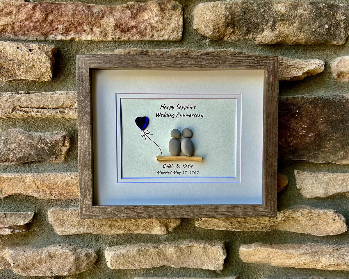 65th Sapphire Wedding Anniversary Personalized Pebble Art, 8x10 Framed 65th Anniversary Gift for Parents, Friends, Spouse