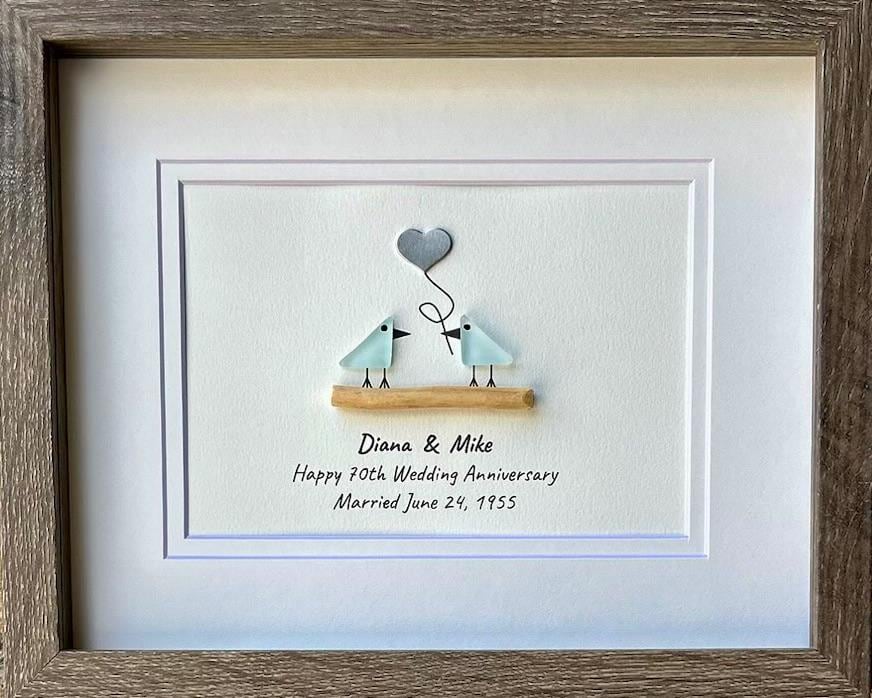 70th Wedding Anniversary Personalized Gift, 8x10” Framed Sea Glass Art, Platinum Anniversary Gift for Parents, Wife, Husband
