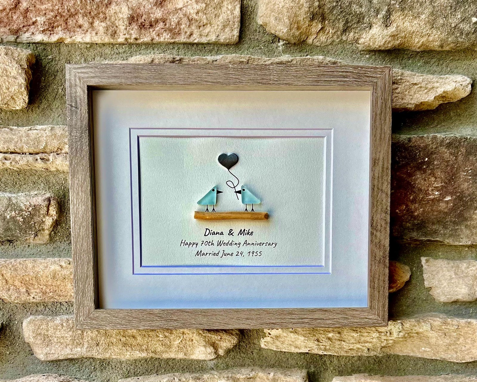 70th Wedding Anniversary Personalized Gift, 8x10” Framed Sea Glass Art, Platinum Anniversary Gift for Parents, Wife, Husband