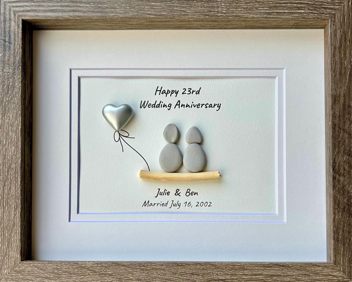 23rd Wedding Anniversary Personalized Gift, 8x10” Framed Sea Glass Art, Silver / Silver Plate Anniversary Gift for Parents, Wife, Husband