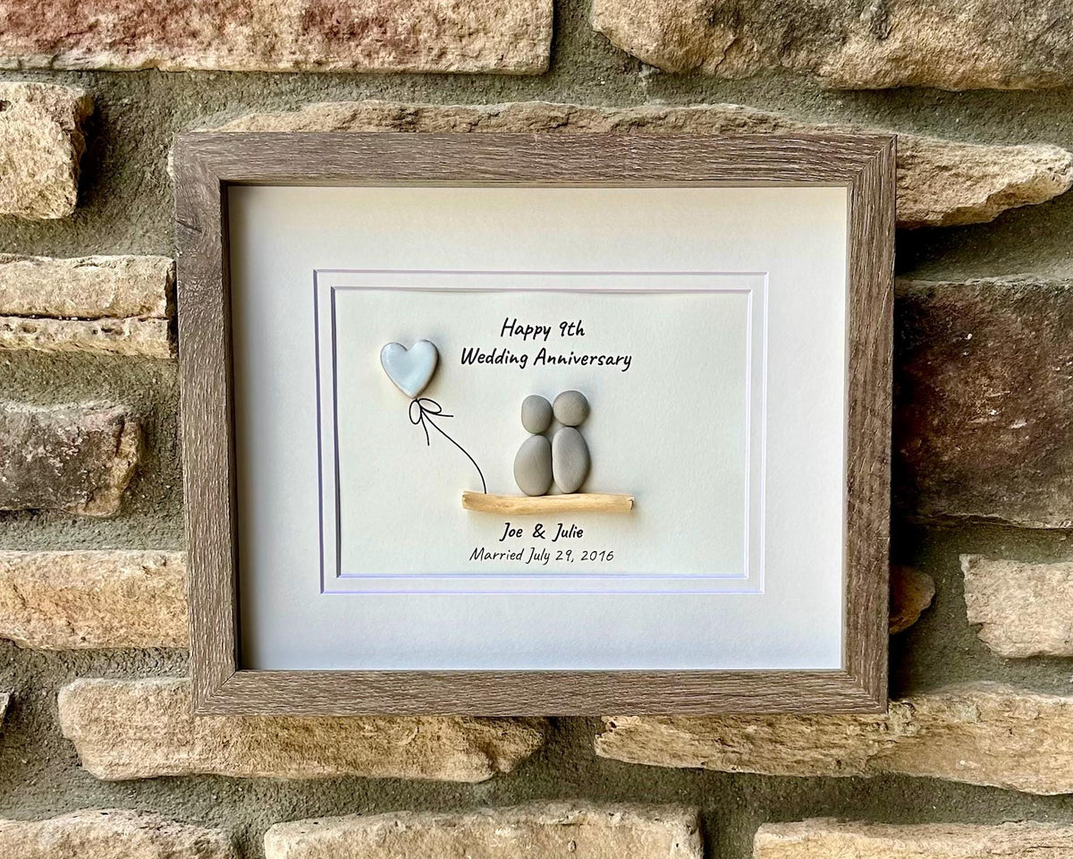 9th Wedding Anniversary 8x10&quot; Framed Pebble Art, Personalized Pottery Anniversary Gift from Parents, Wife, Husband, Friends