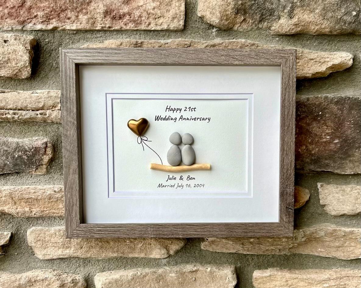 21st Wedding Anniversary 8x10&quot; Framed Pebble Art, Personalized Nickel / Brass Anniversary Gift from Parents, Wife, Husband, Friends