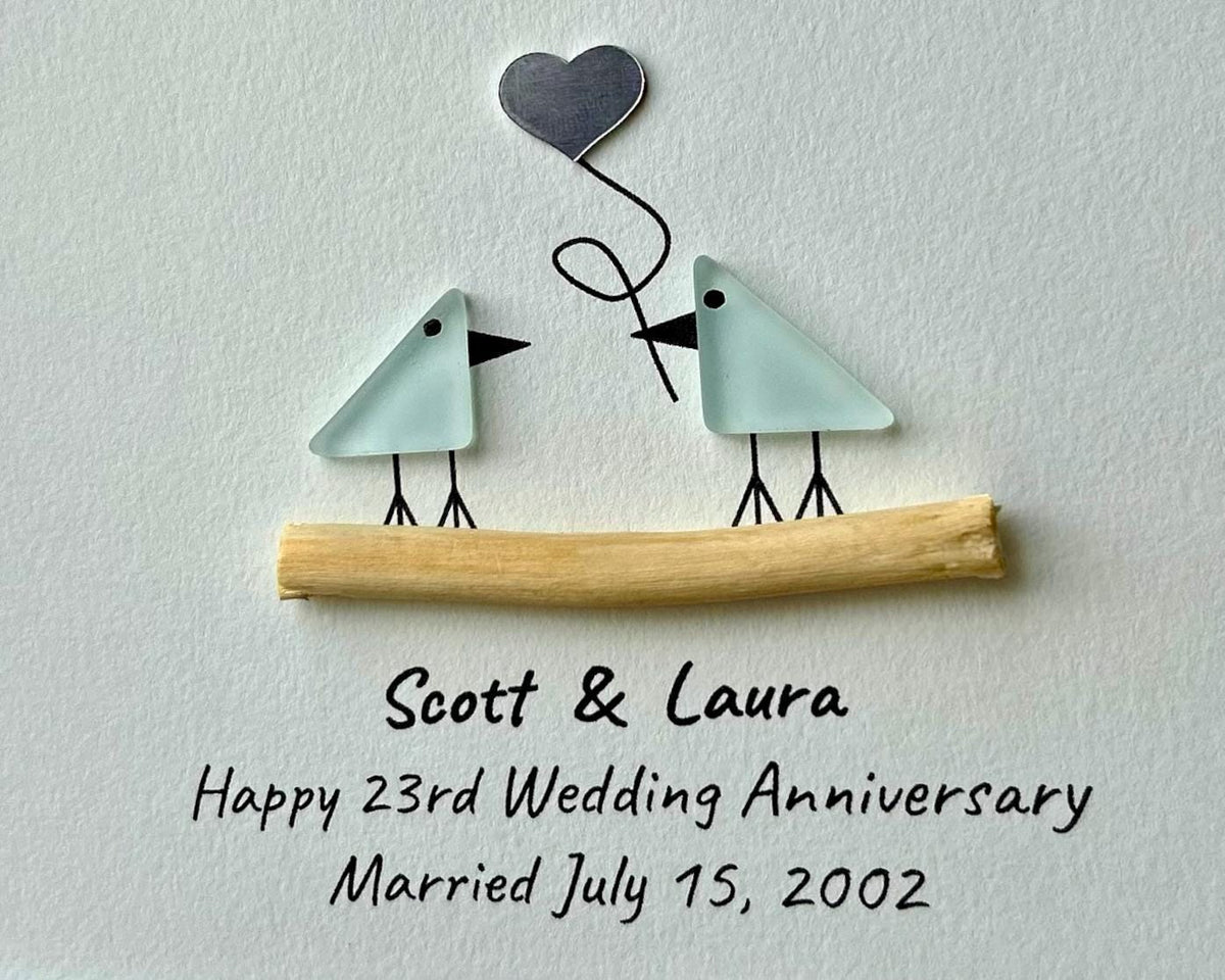 23rd Wedding Anniversary Personalized Gift, 8x10” Framed Sea Glass Art, Silver / Silver Plate Anniversary Gift for Parents, Wife, Husband