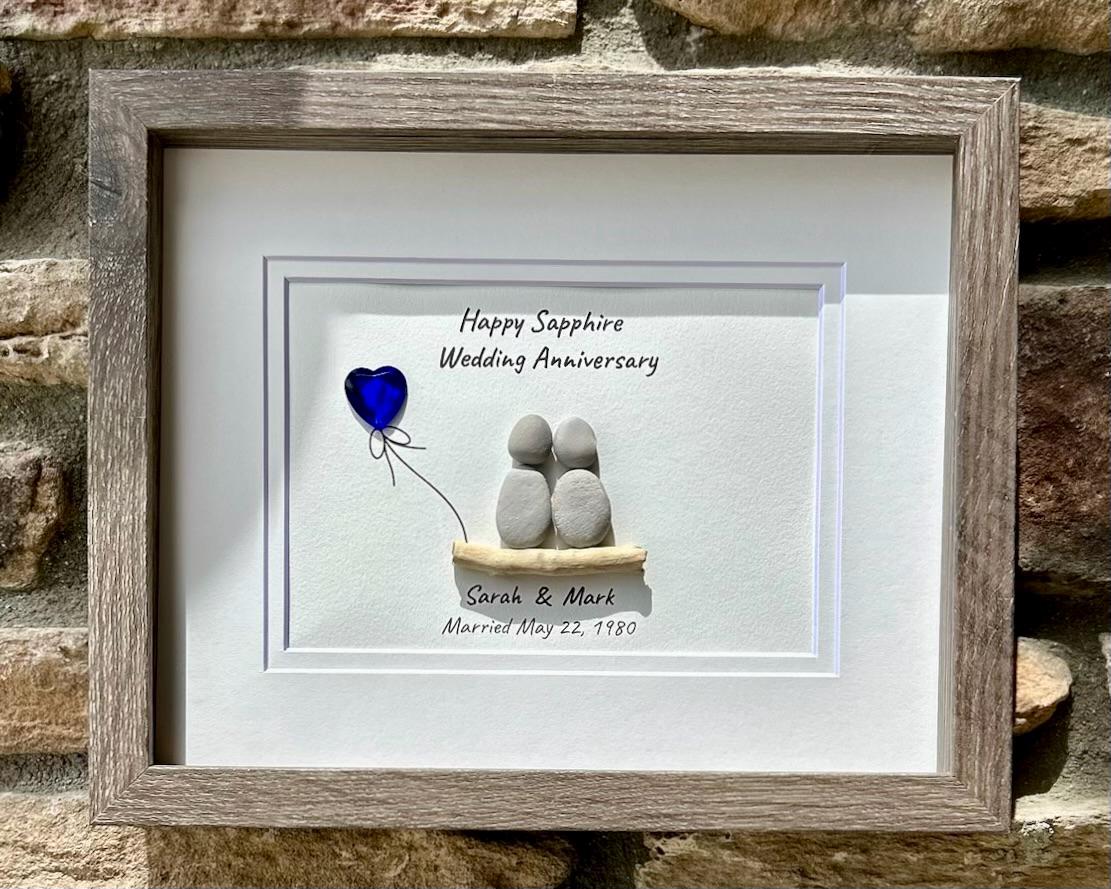 45th Wedding Anniversary Personalized Gift, 8x10” Framed Sea Glass Art, Sapphire Anniversary Gift for Parents, Wife, Husband