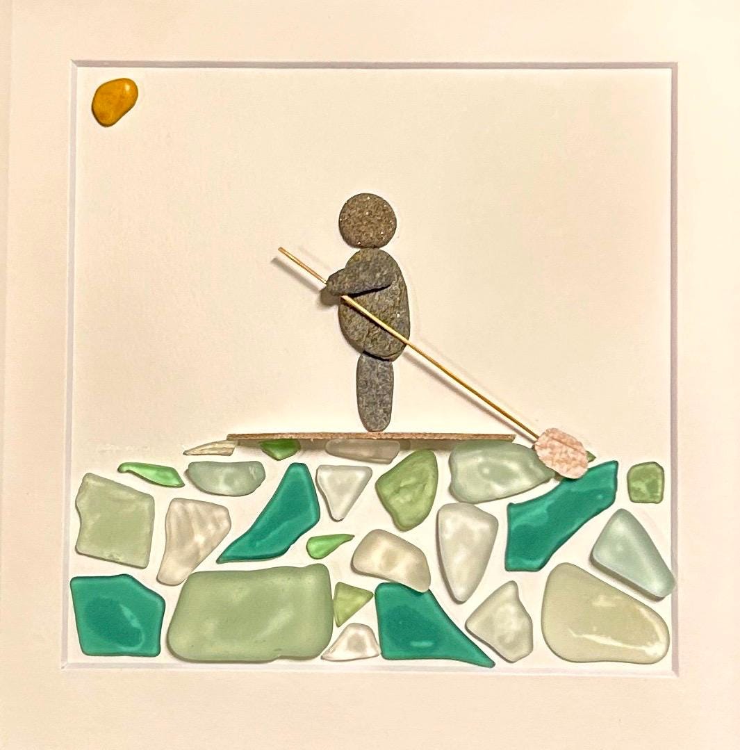 Paddle Boarding Sea Glass & Pebble Artwork, 9x9 Framed Handmade Gift for Paddle Boarder