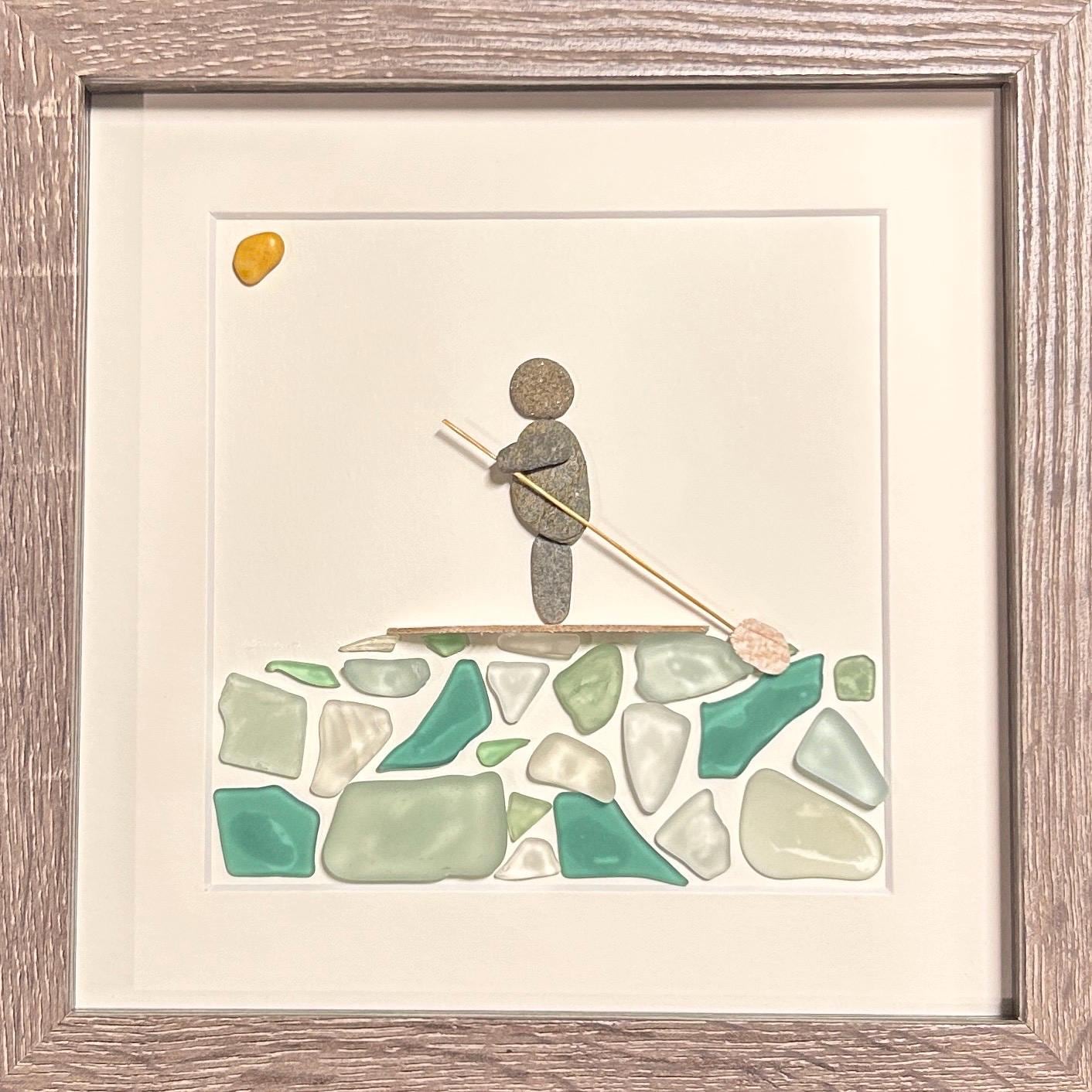 Paddle Boarding Sea Glass & Pebble Artwork, 9x9 Framed Handmade Gift for Paddle Boarder