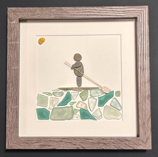 Paddle Boarder | Paddle Boarder on a Lake | Handmade Gift for Paddler | Gift for Friend | Water Sports | 8x8 Sea Glass and Pebble Art