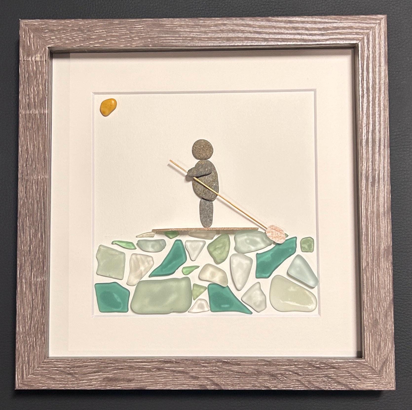 Paddle Boarding Sea Glass & Pebble Artwork, 9x9 Framed Handmade Gift for Paddle Boarder