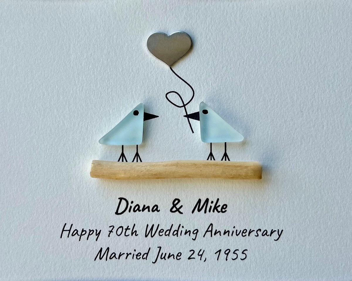 70th Wedding Anniversary Personalized Gift, 8x10” Framed Sea Glass Art, Platinum Anniversary Gift for Parents, Wife, Husband