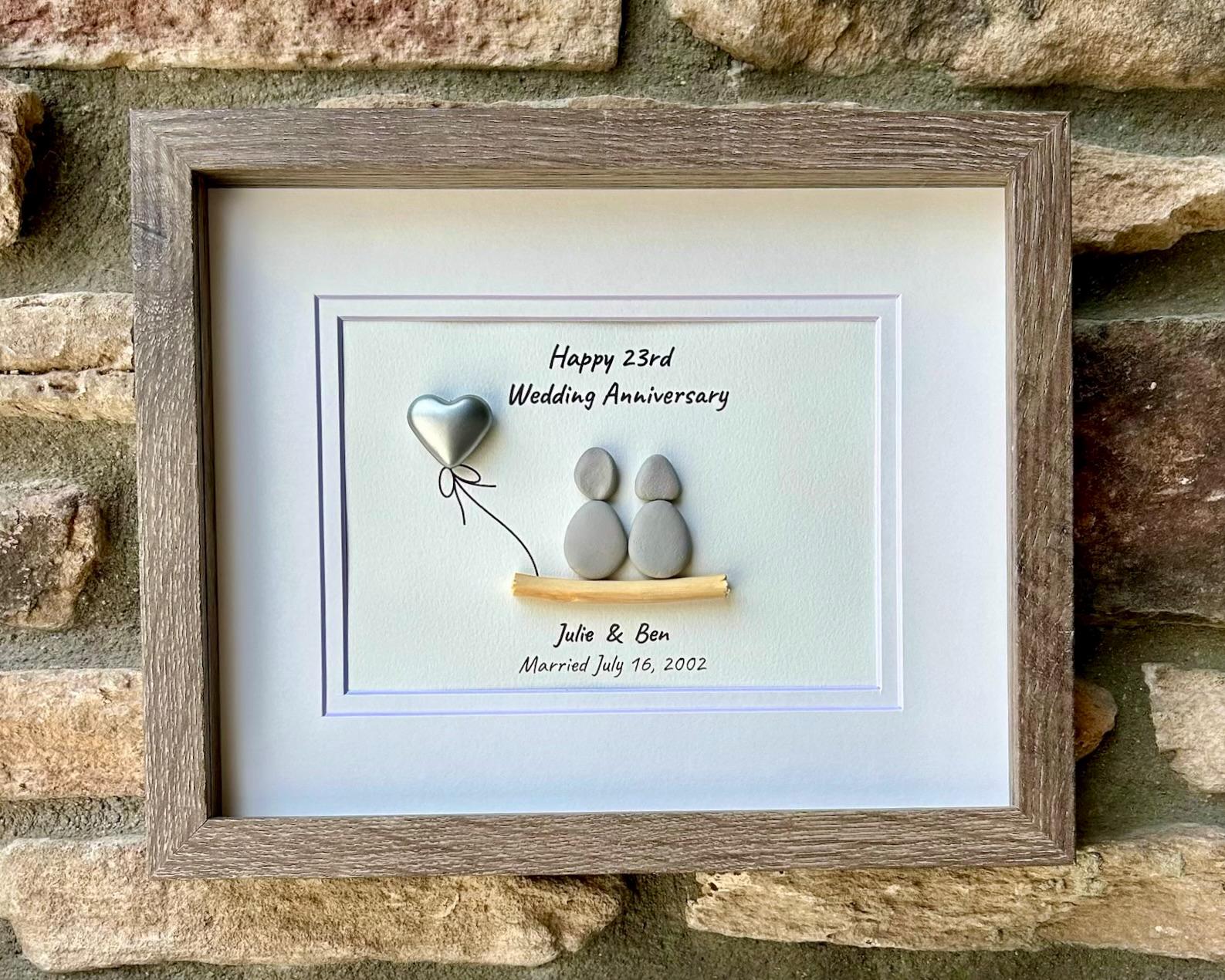 23rd Wedding Anniversary Personalized Gift, 8x10” Framed Sea Glass Art, Silver / Silver Plate Anniversary Gift for Parents, Wife, Husband