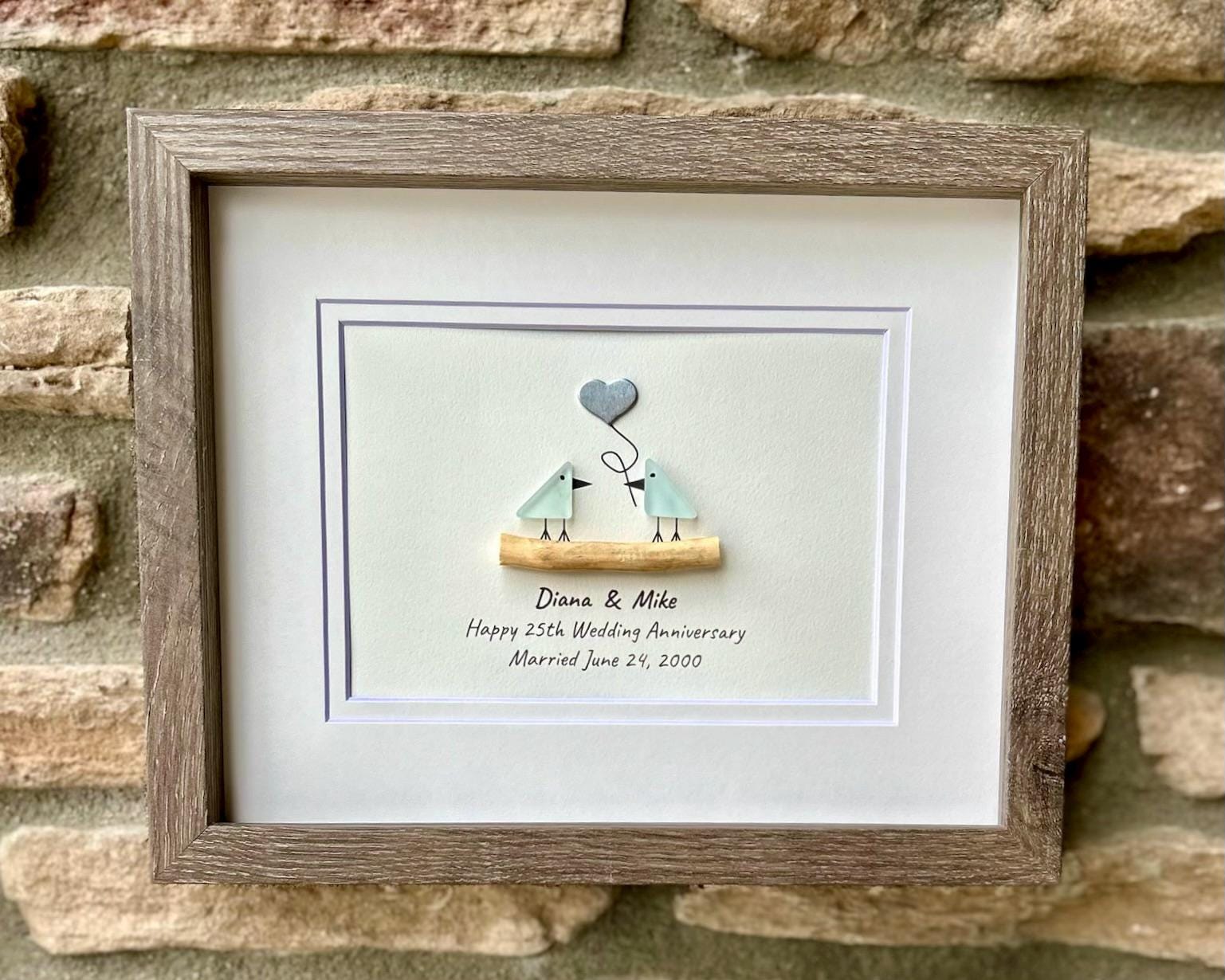 25th Wedding Anniversary 8x10" Framed Pebble Art, Personalized Silver Anniversary Gift from Parents, Wife, Husband, Friends
