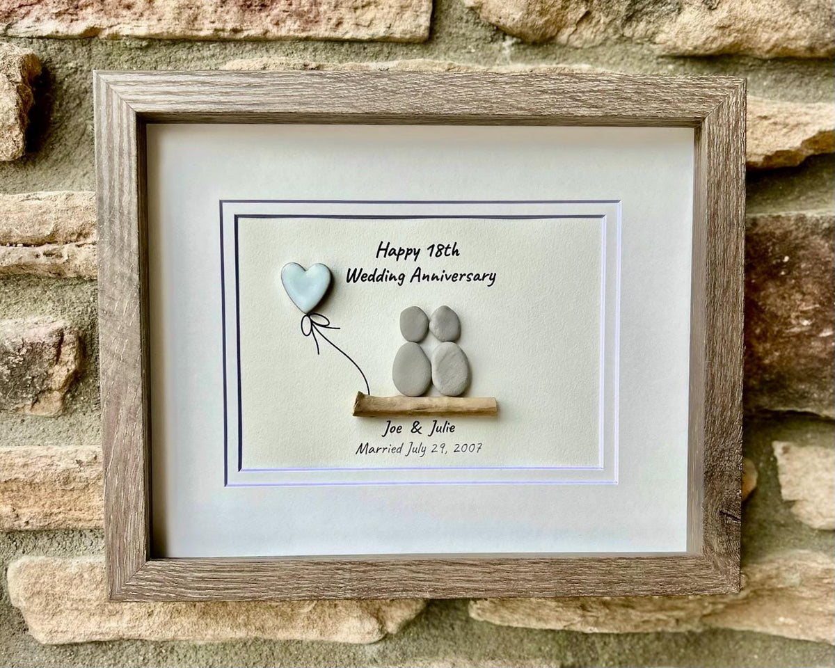 18th Wedding Anniversary 8x10&quot; Framed Pebble Art, Personalized Porcelain Anniversary Gift from Parents, Wife, Husband, Friends