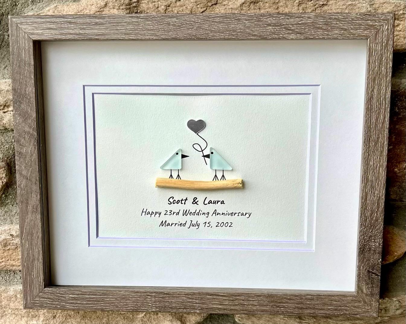 23rd Wedding Anniversary Personalized Gift, 8x10” Framed Sea Glass Art, Silver / Silver Plate Anniversary Gift for Parents, Wife, Husband
