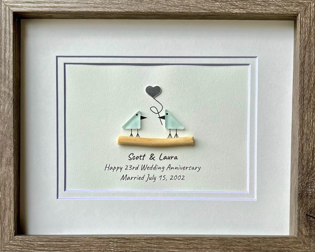 23rd Wedding Anniversary Personalized Gift, 8x10” Framed Sea Glass Art, Silver / Silver Plate Anniversary Gift for Parents, Wife, Husband