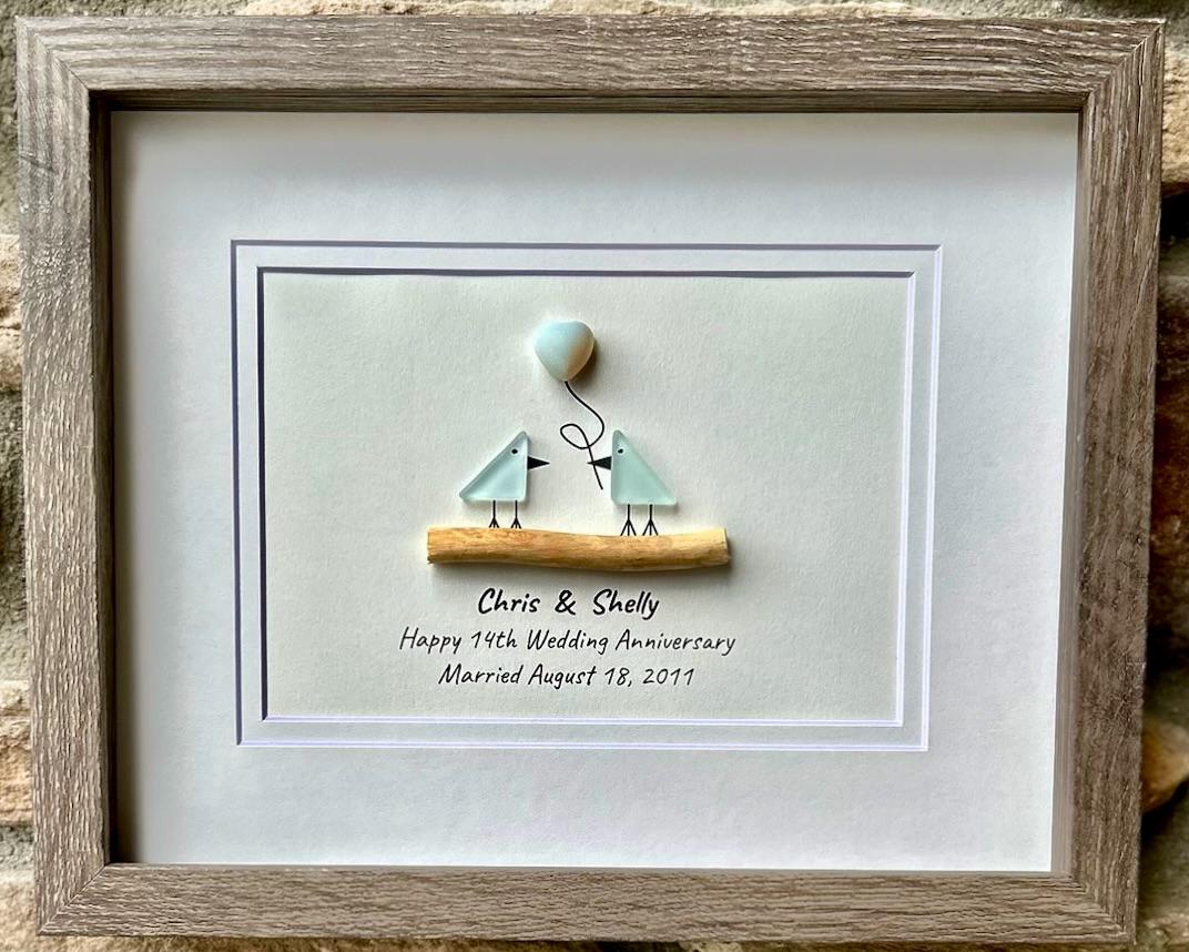 14th Wedding Anniversary Personalized Gift, 8x10” Framed Sea Glass Art, Opal / Ivory Anniversary Gift for Parents, Wife, Husband