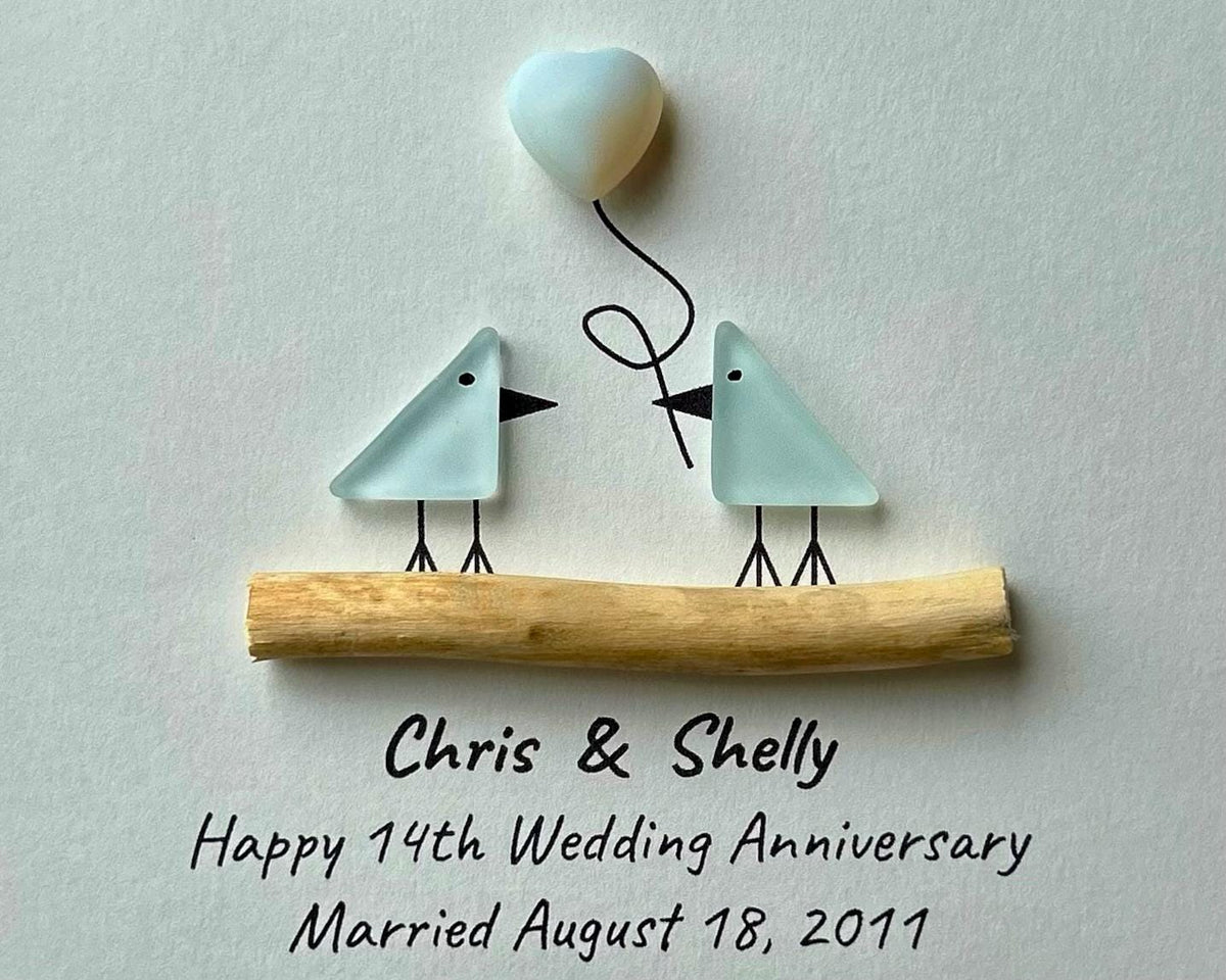 14th Wedding Anniversary Personalized Gift, 8x10” Framed Sea Glass Art, Opal / Ivory Anniversary Gift for Parents, Wife, Husband