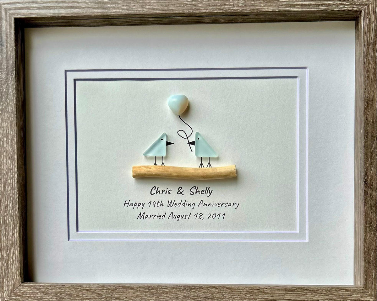 14th Wedding Anniversary Personalized Gift, 8x10” Framed Sea Glass Art, Opal / Ivory Anniversary Gift for Parents, Wife, Husband