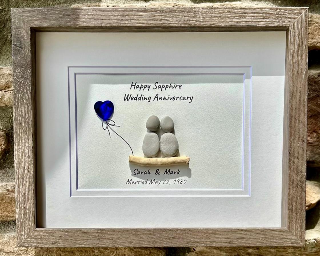 45th Wedding Anniversary Personalized Gift, 8x10” Framed Sea Glass Art, Sapphire Anniversary Gift for Parents, Wife, Husband