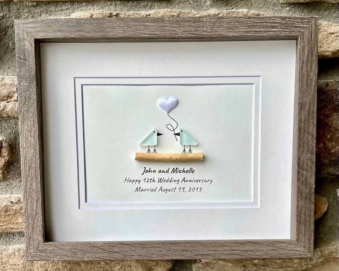 12th Wedding Anniversary Personalized Gift, 8x10” Framed Sea Glass Art, Silk / Linen Anniversary Gift for Parents, Wife, Husband