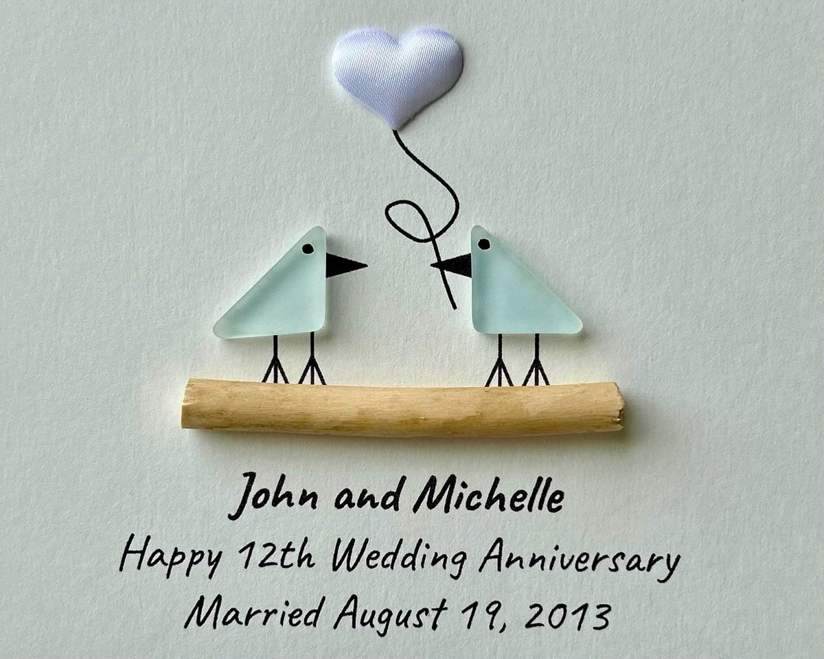 12th Wedding Anniversary Personalized Gift, 8x10” Framed Sea Glass Art, Silk / Linen Anniversary Gift for Parents, Wife, Husband