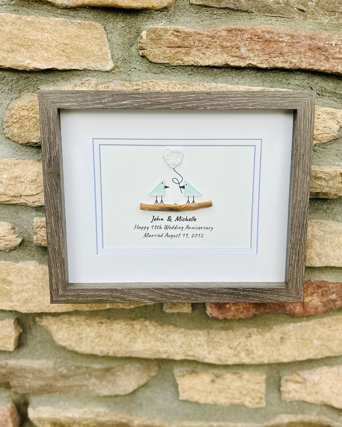 13th Wedding Anniversary Personalized Gift, 8x10” Framed Sea Glass Art, Lace Anniversary Gift for Parents, Wife, Husband