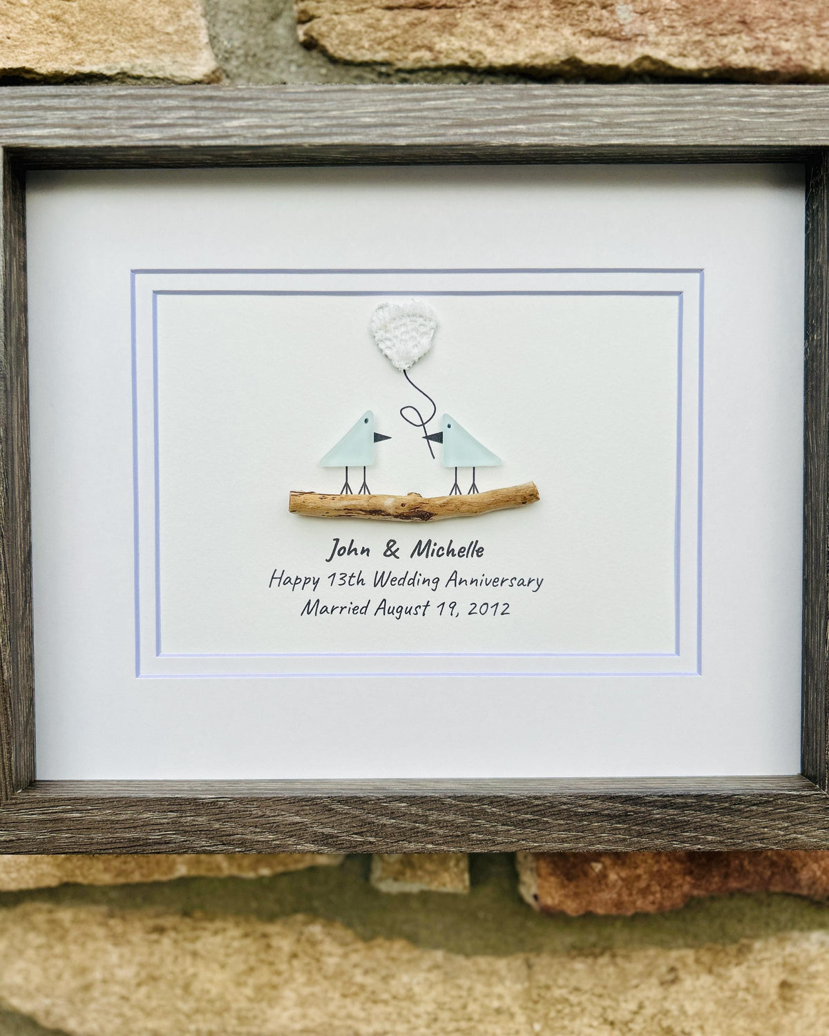 13th Wedding Anniversary Personalized Gift, 8x10” Framed Sea Glass Art, Lace Anniversary Gift for Parents, Wife, Husband