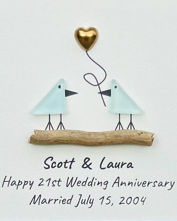 21st Wedding Anniversary 8x10" Framed Sea Glas Art, Personalized Nickel / Brass Anniversary Gift from Parents, Wife, Husband, Friends