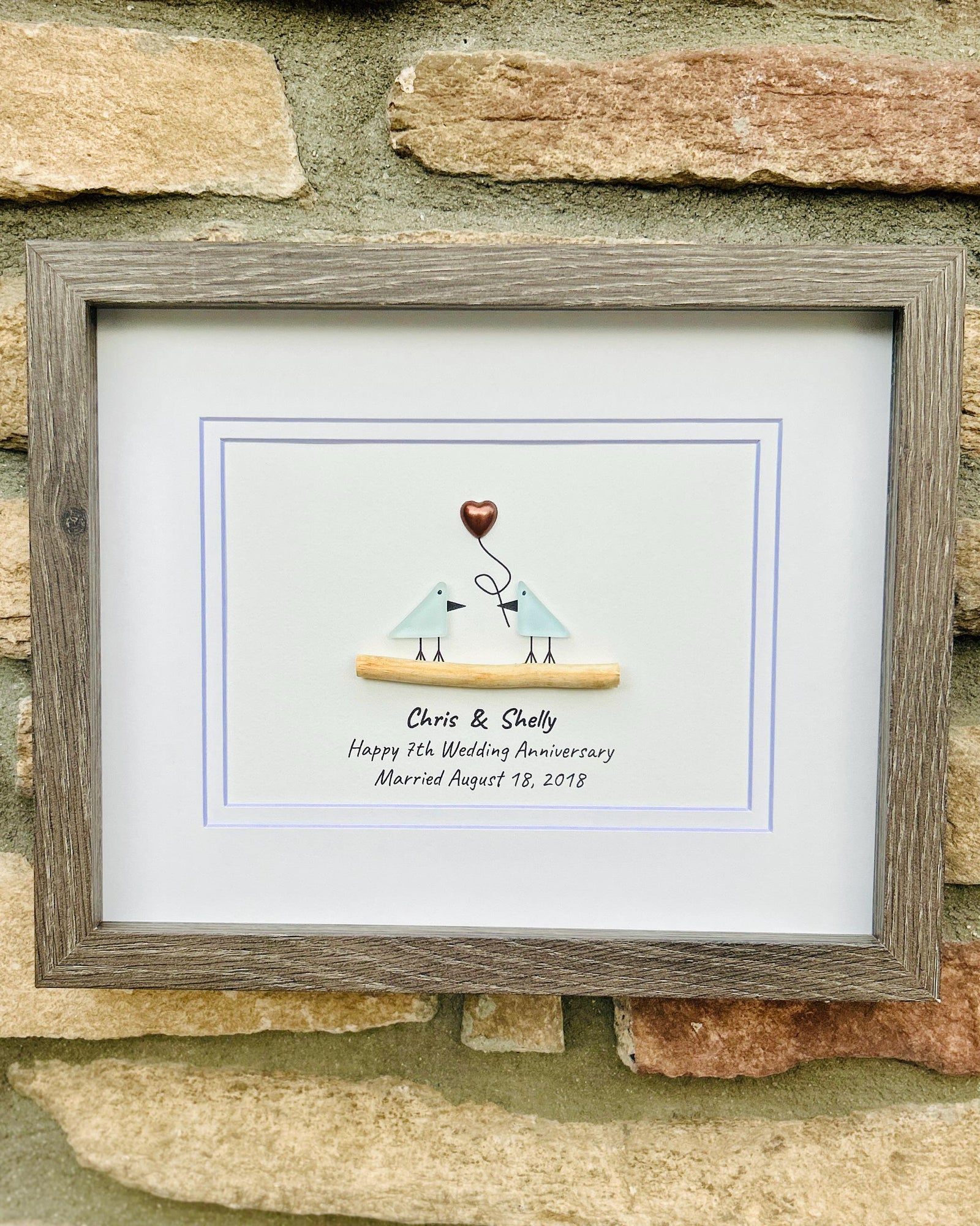 7th Wedding Anniversary 8x10" Framed Sea Glass Art, Personalized Copper Anniversary Gift for Parents, Wife, Husband, Friends