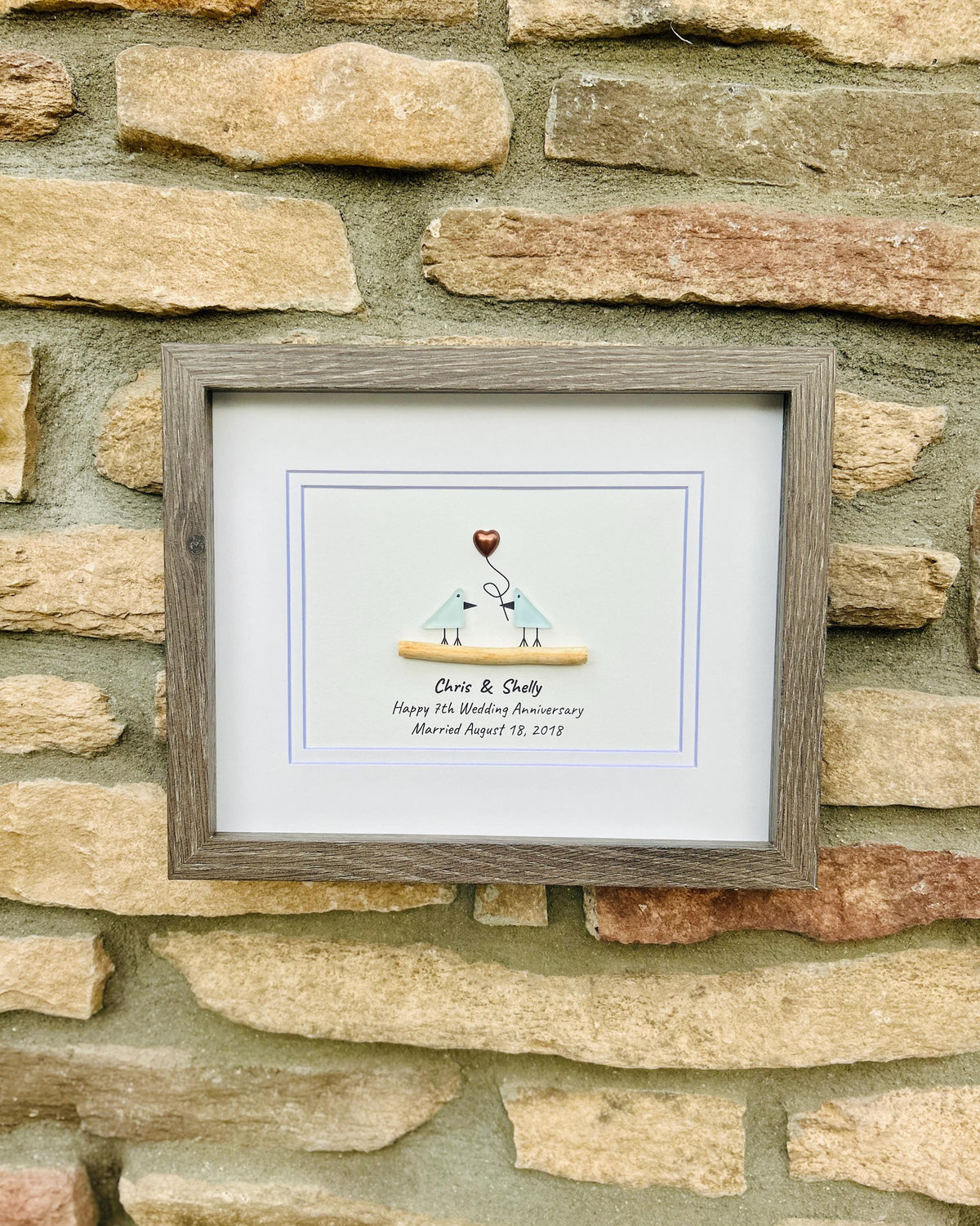 7th Wedding Anniversary 8x10" Framed Sea Glass Art, Personalized Copper Anniversary Gift for Parents, Wife, Husband, Friends