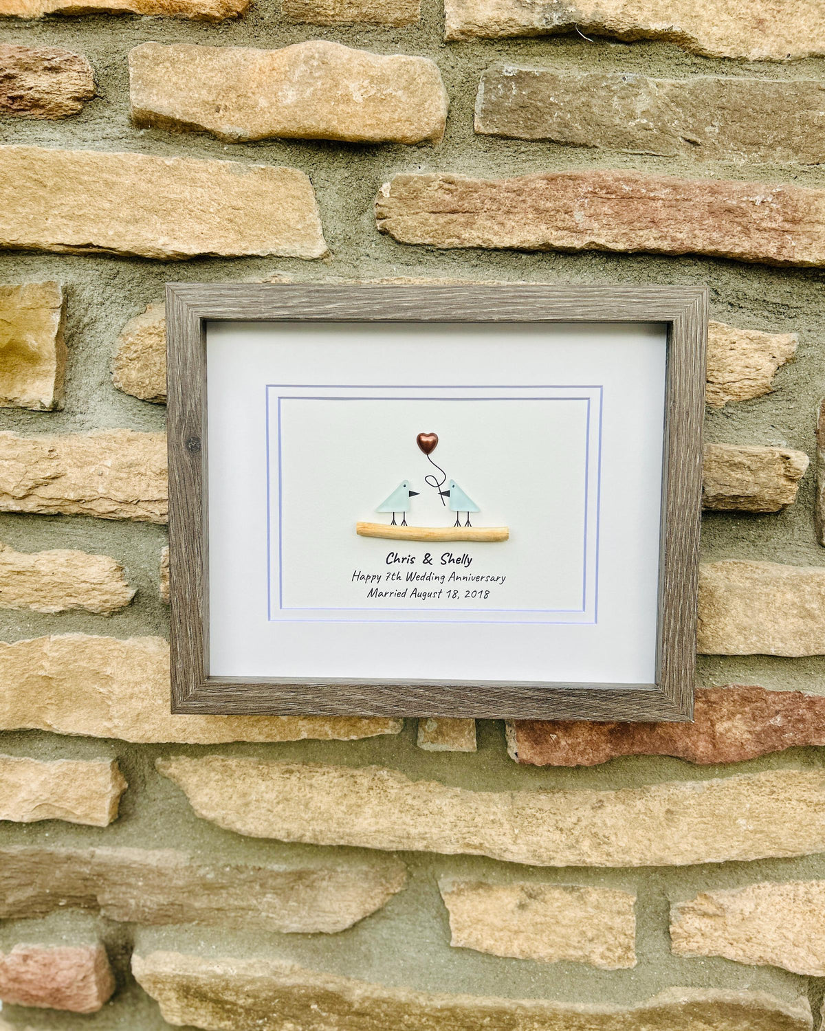 7th Wedding Anniversary 8x10" Framed Sea Glass Art, Personalized Copper Anniversary Gift for Parents, Wife, Husband, Friends