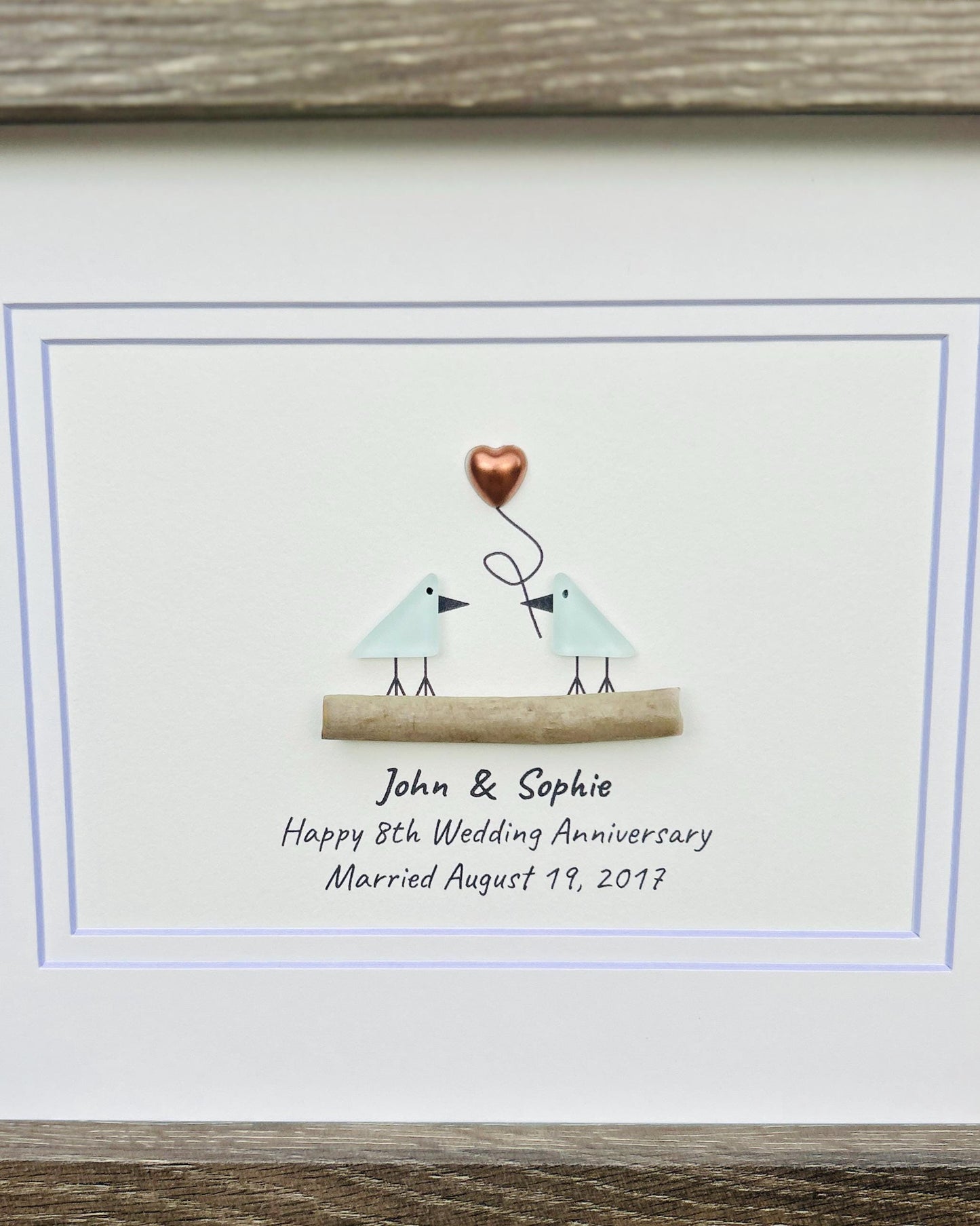 8th Wedding Anniversary 8x10" Framed Sea Glass Art, Personalized Bronze Anniversary Gift for Parents, Wife, Husband, Friends